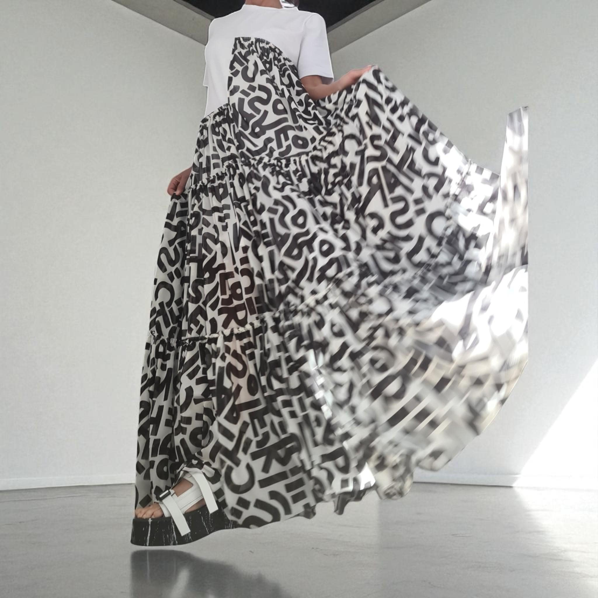 Black and White Graphic Maxi Dress, Oversized Summer Dress, Artistic Tiered Dress, Avant Garde T-shirt Dress, Handmade Statement Clothing