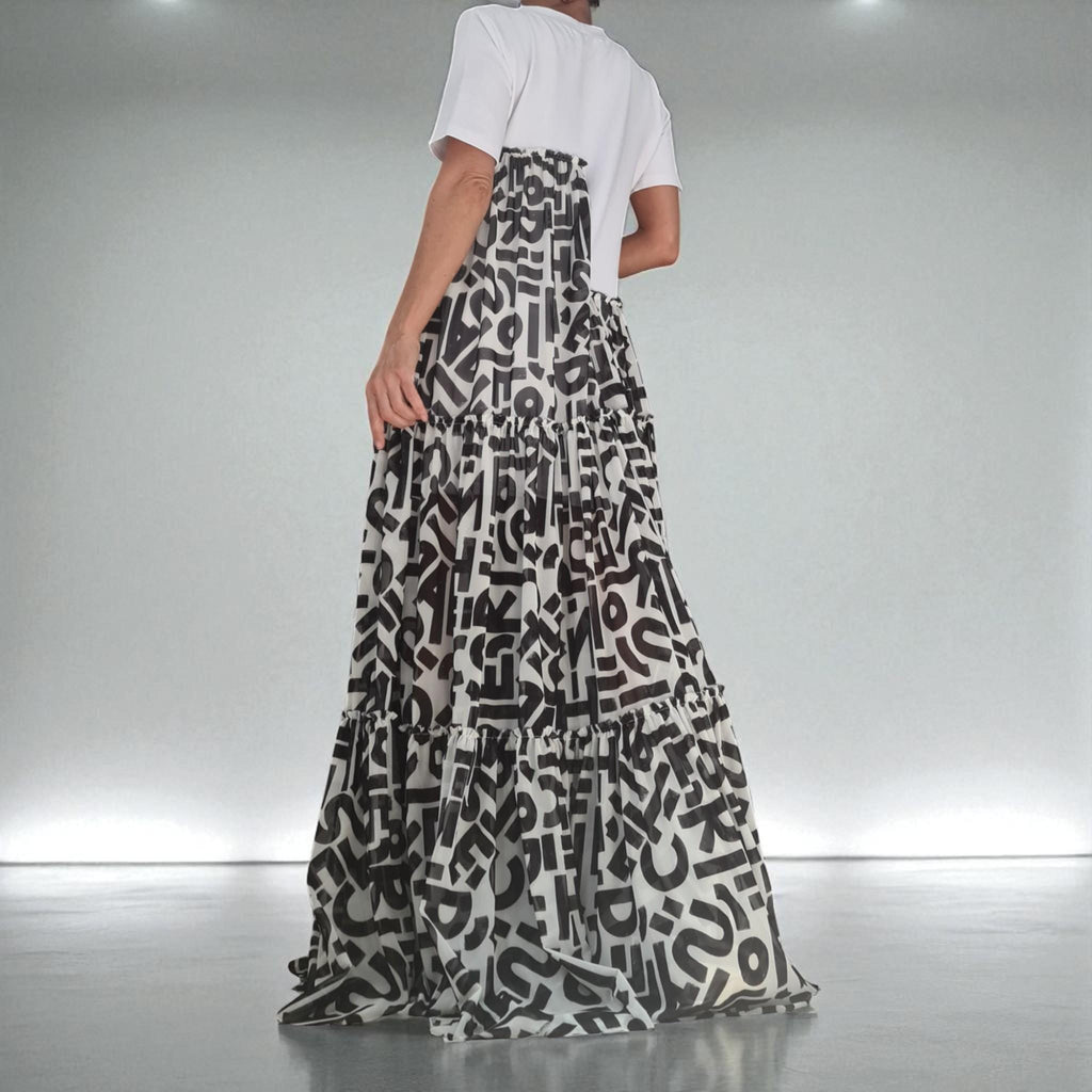 Black and White Graphic Maxi Dress, Oversized Summer Dress, Artistic Tiered Dress, Avant Garde T-shirt Dress, Handmade Statement Clothing