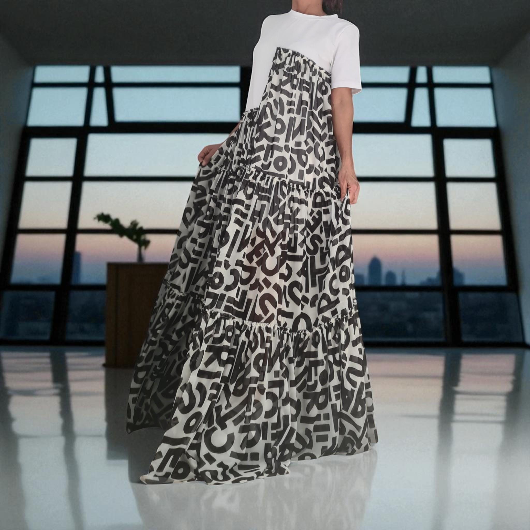 Black and White Graphic Maxi Dress, Oversized Summer Dress, Artistic Tiered Dress, Avant Garde T-shirt Dress, Handmade Statement Clothing