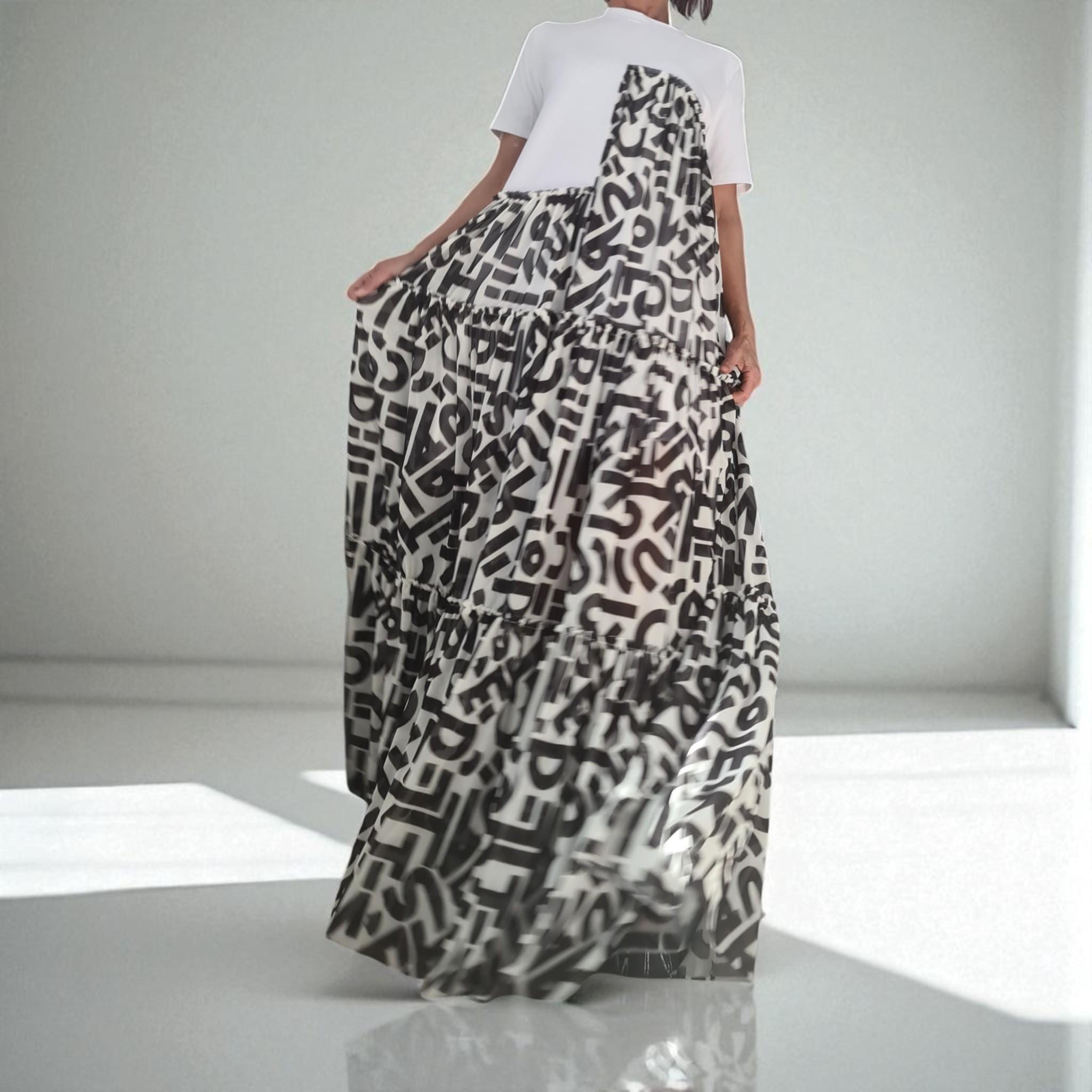 Black and White Graphic Maxi Dress, Oversized Summer Dress, Artistic Tiered Dress, Avant Garde T-shirt Dress, Handmade Statement Clothing