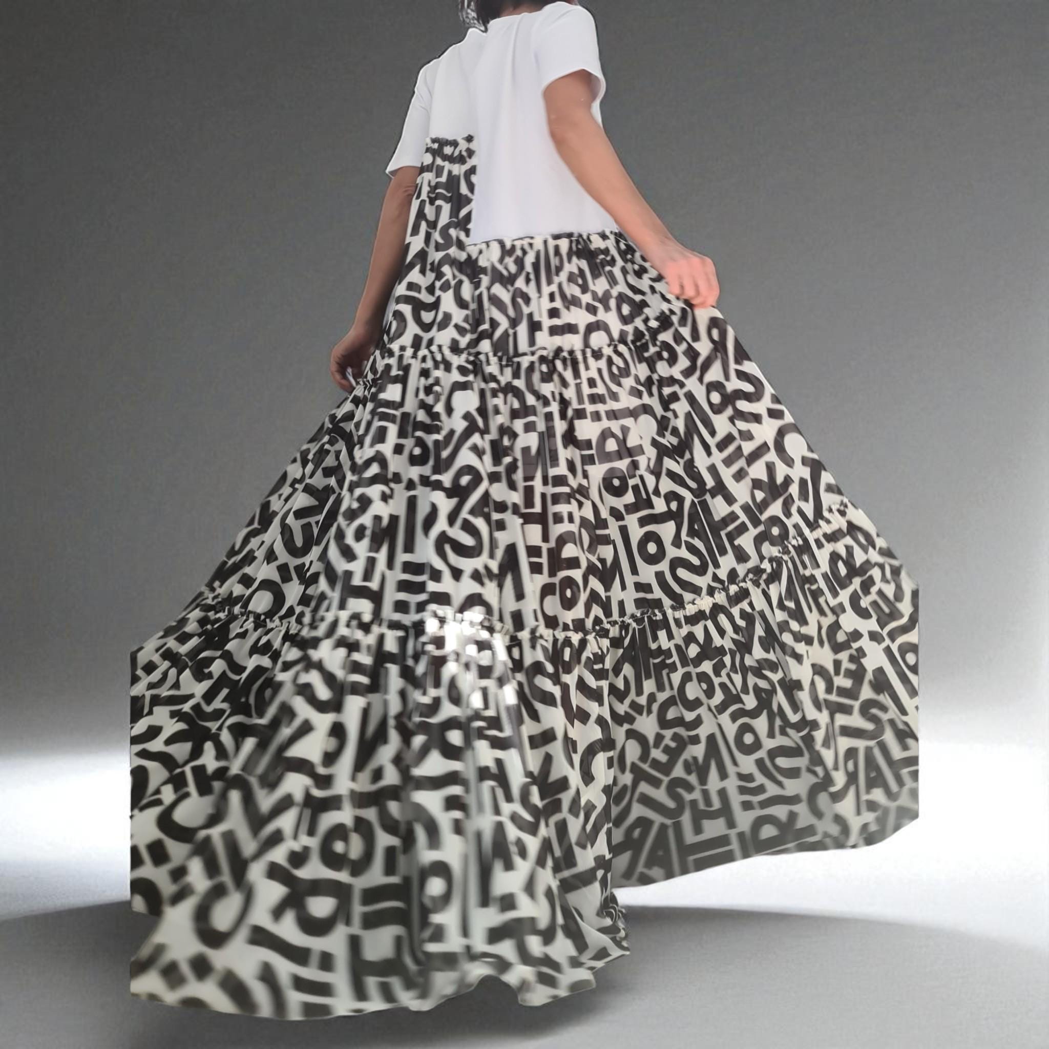 Black and White Graphic Maxi Dress, Oversized Summer Dress, Artistic Tiered Dress, Avant Garde T-shirt Dress, Handmade Statement Clothing