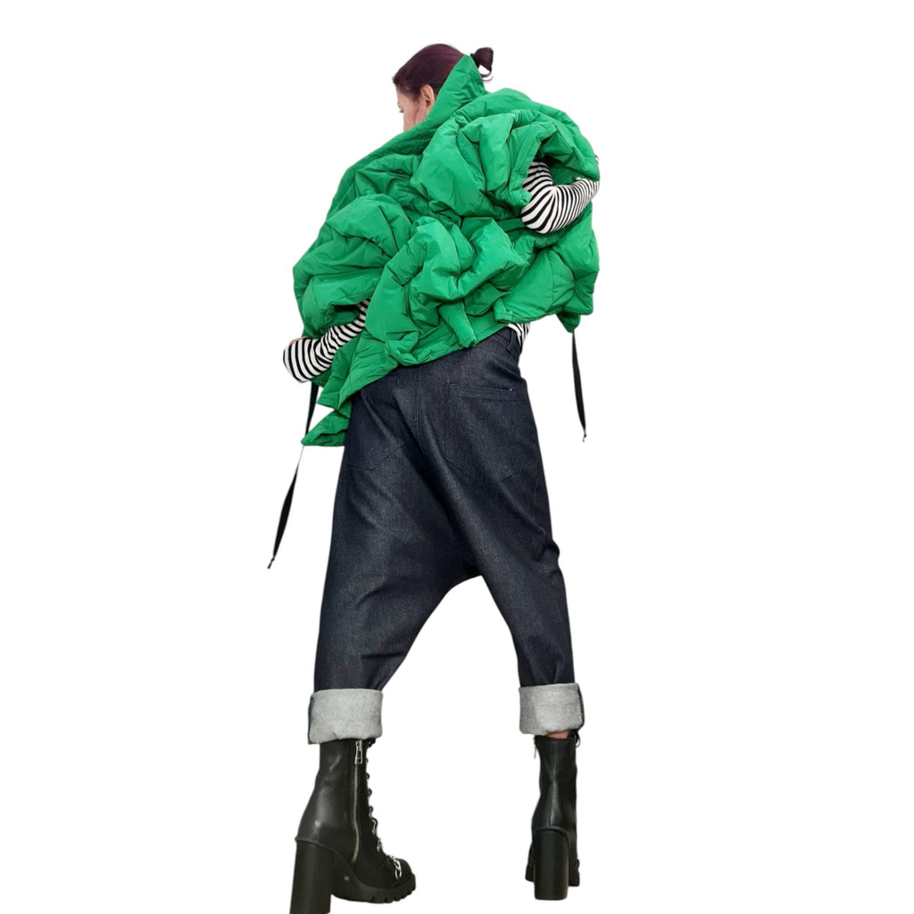 Avant Garde Green Winter Jacket – Asymmetric Handmade Short Puffer Coat
