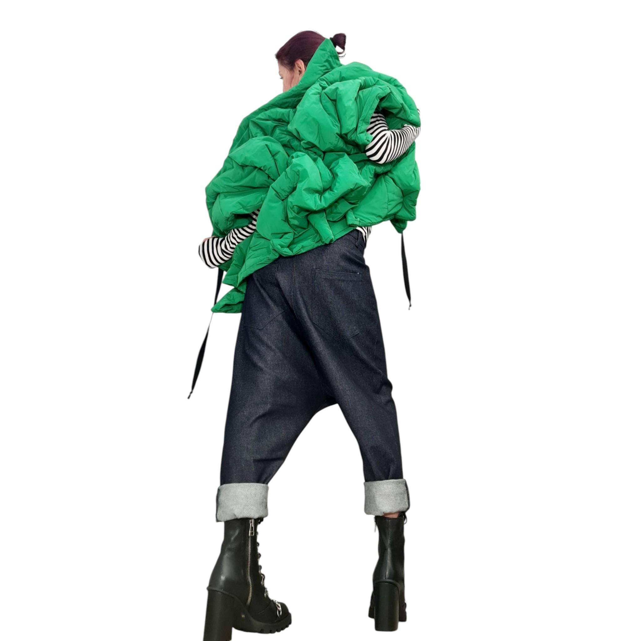 Avant Garde Green Winter Jacket – Asymmetric Handmade Short Puffer Coat
