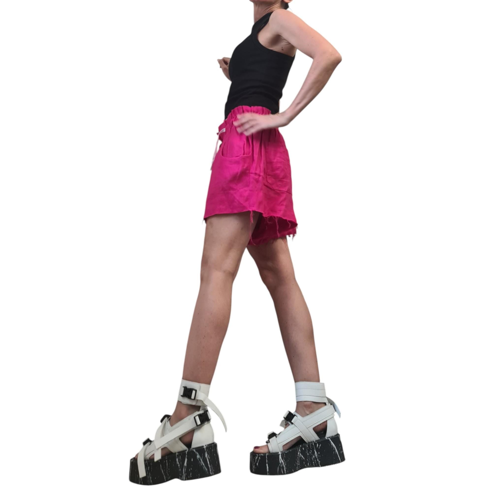 Hot Pink Linen Shorts, Avant Garde Loose Fit Pants, High Waist Summer Shorts, Gothic Festival Pants, Extravagant Women’s Clothing