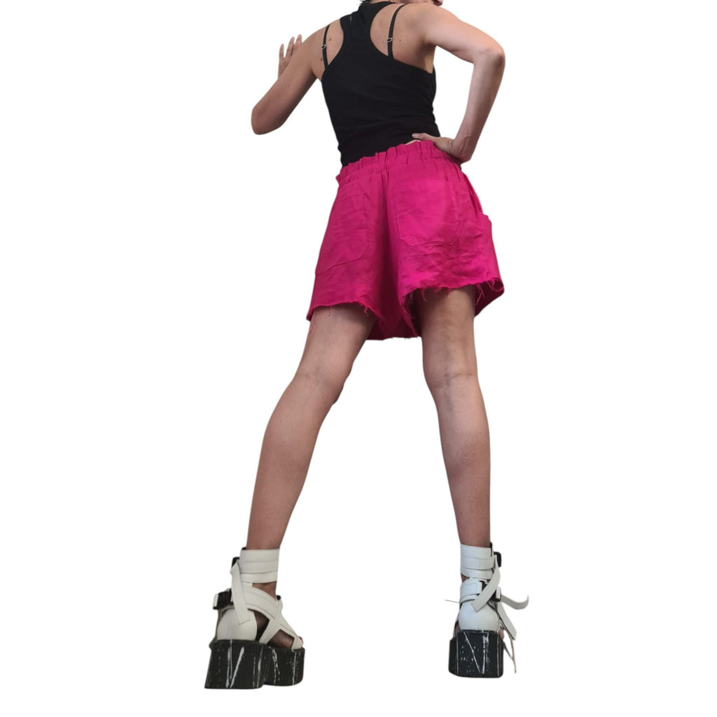 Hot Pink Linen Shorts, Avant Garde Loose Fit Pants, High Waist Summer Shorts, Gothic Festival Pants, Extravagant Women’s Clothing