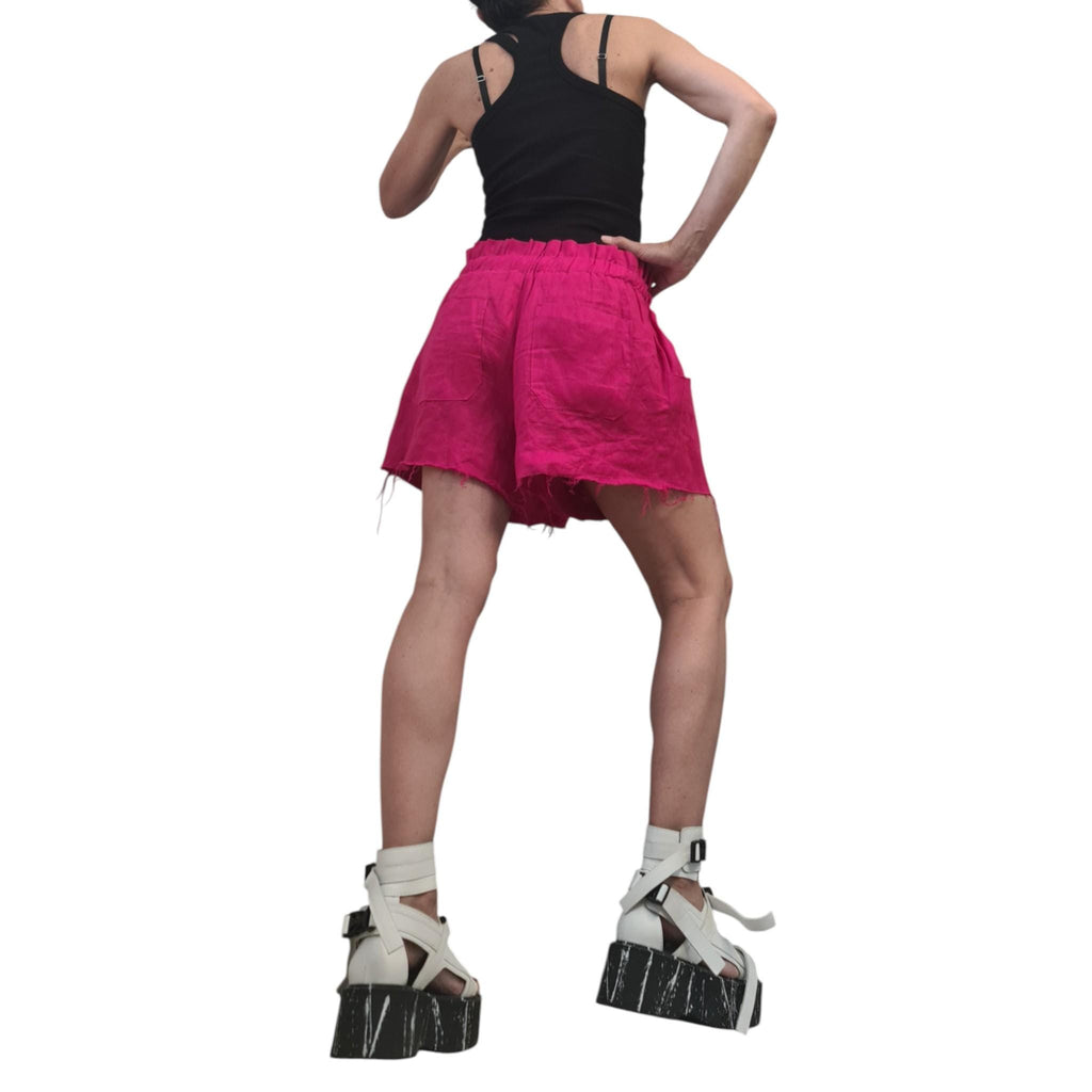 Hot Pink Linen Shorts, Avant Garde Loose Fit Pants, High Waist Summer Shorts, Gothic Festival Pants, Extravagant Women’s Clothing
