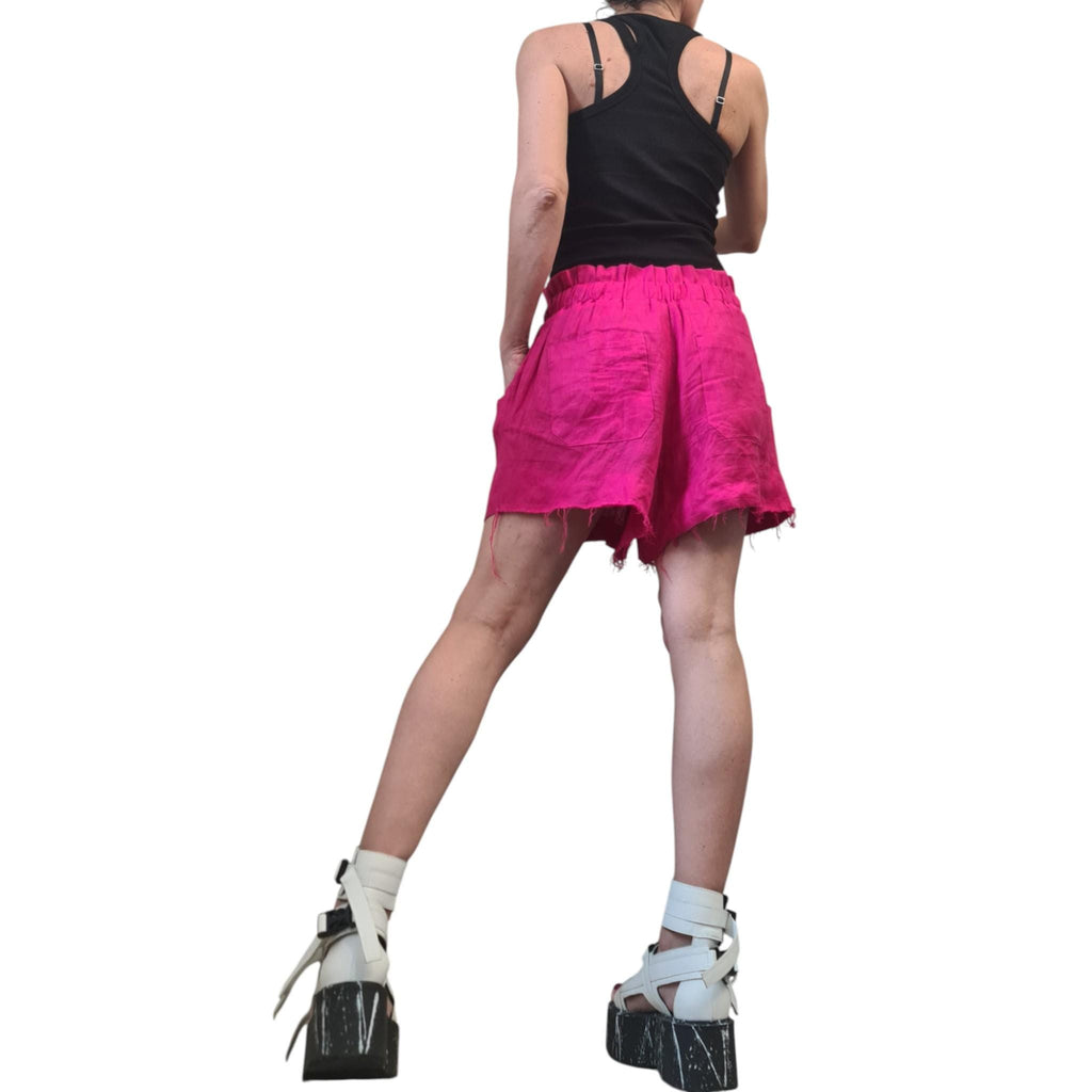 Hot Pink Linen Shorts, Avant Garde Loose Fit Pants, High Waist Summer Shorts, Gothic Festival Pants, Extravagant Women’s Clothing