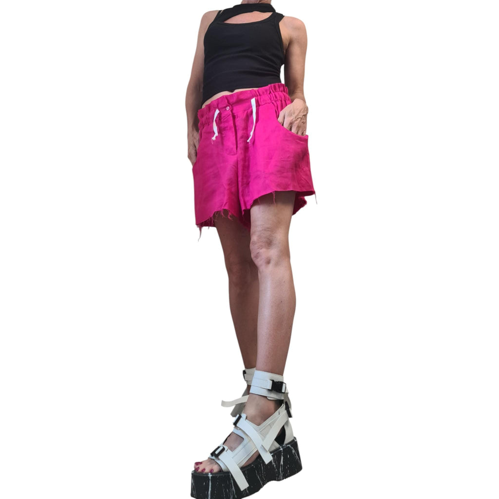 Hot Pink Linen Shorts, Avant Garde Loose Fit Pants, High Waist Summer Shorts, Gothic Festival Pants, Extravagant Women’s Clothing