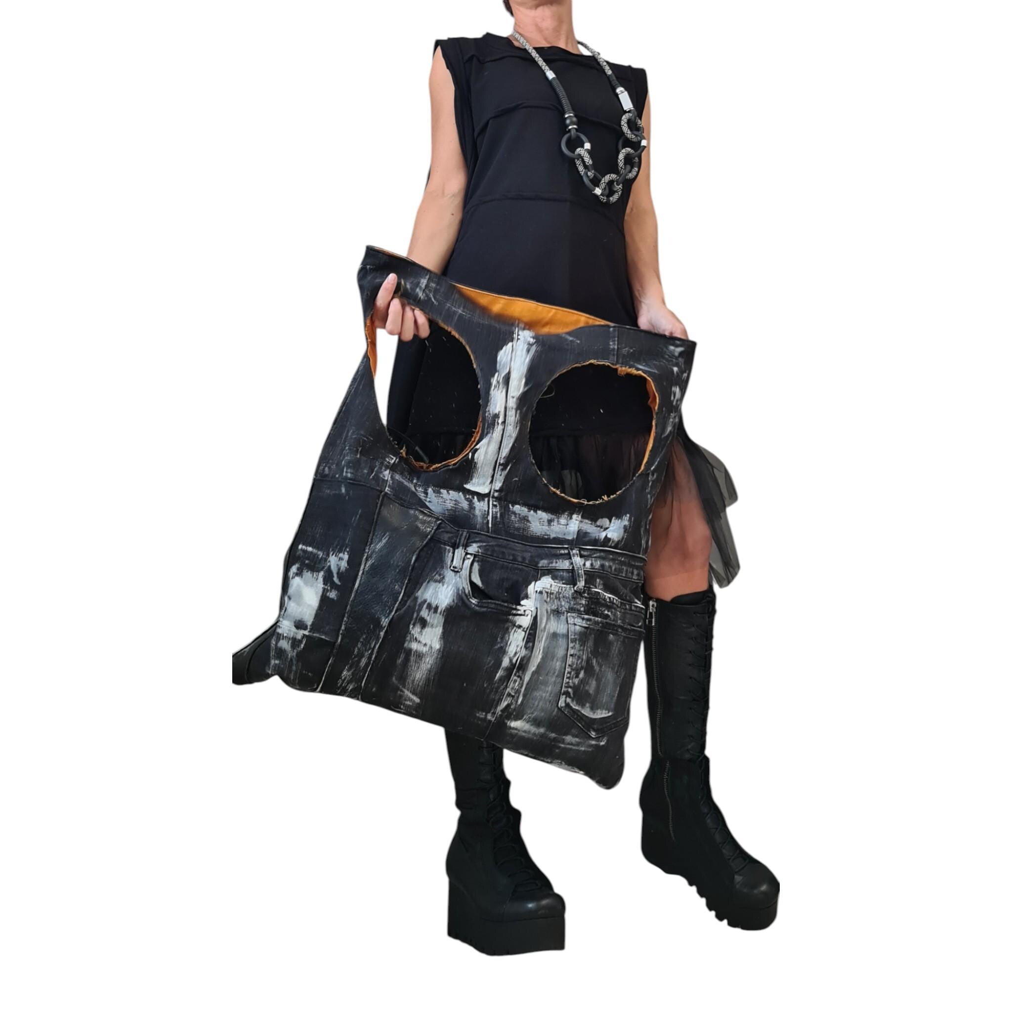 Avant-Garde Denim Tote Bag, Oversized Black Painted Bag, Convertible Shoulder Backpack, Hand-Splashed Jeans Bag, Urban Art Fashion Tote