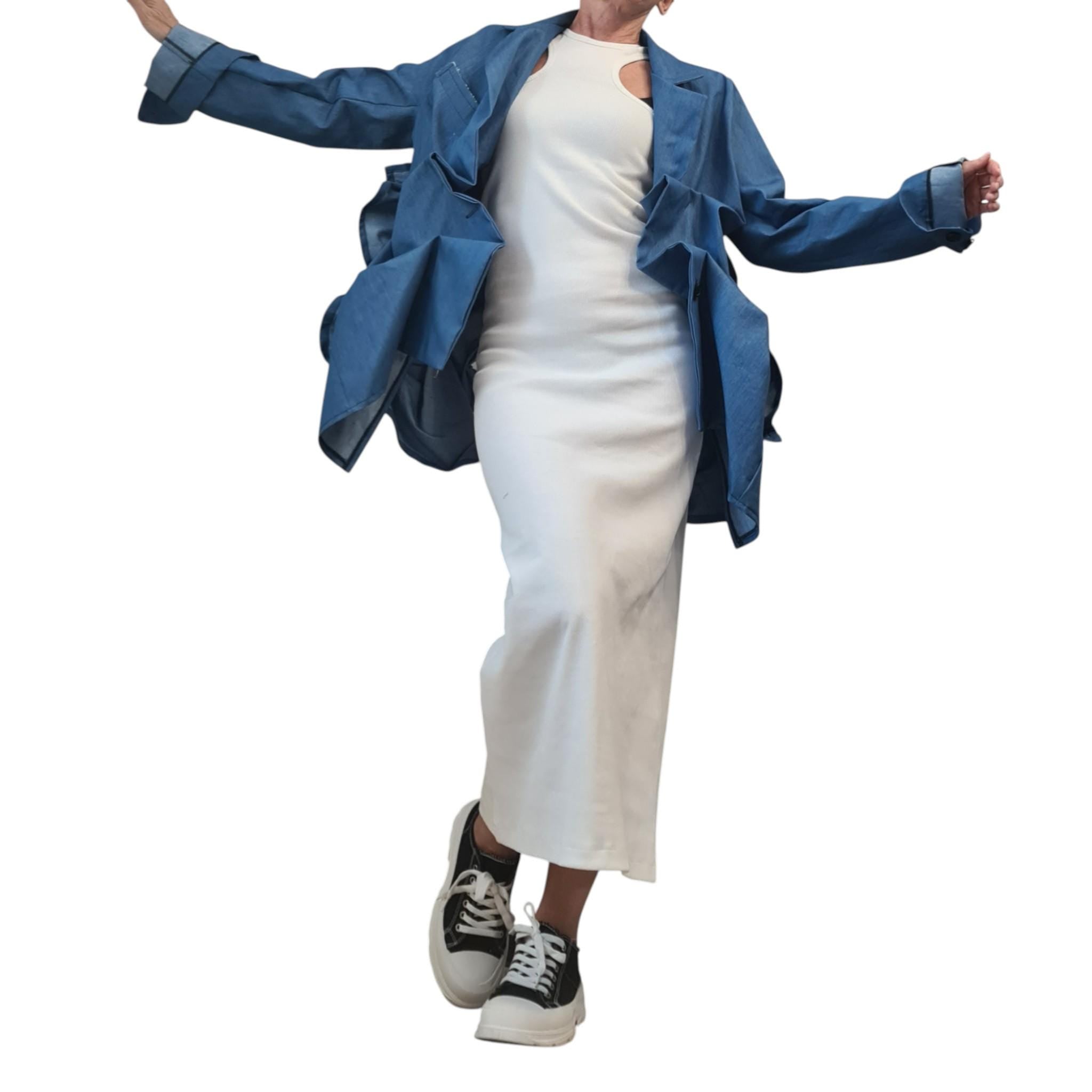 Avant-Garde Denim Jacket, Ruffled Oversized Jean Blazer, Artistic Statement Jacket, Sculptural Outerwear, Asymmetrical Urban Coat