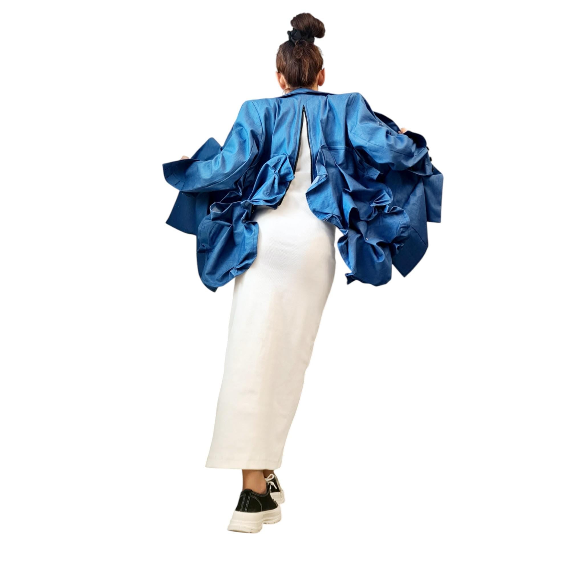 Avant-Garde Denim Jacket, Ruffled Oversized Jean Blazer, Artistic Statement Jacket, Sculptural Outerwear, Asymmetrical Urban Coat