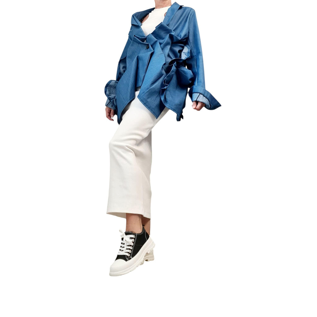 Avant-Garde Denim Jacket, Ruffled Oversized Jean Blazer, Artistic Statement Jacket, Sculptural Outerwear, Asymmetrical Urban Coat