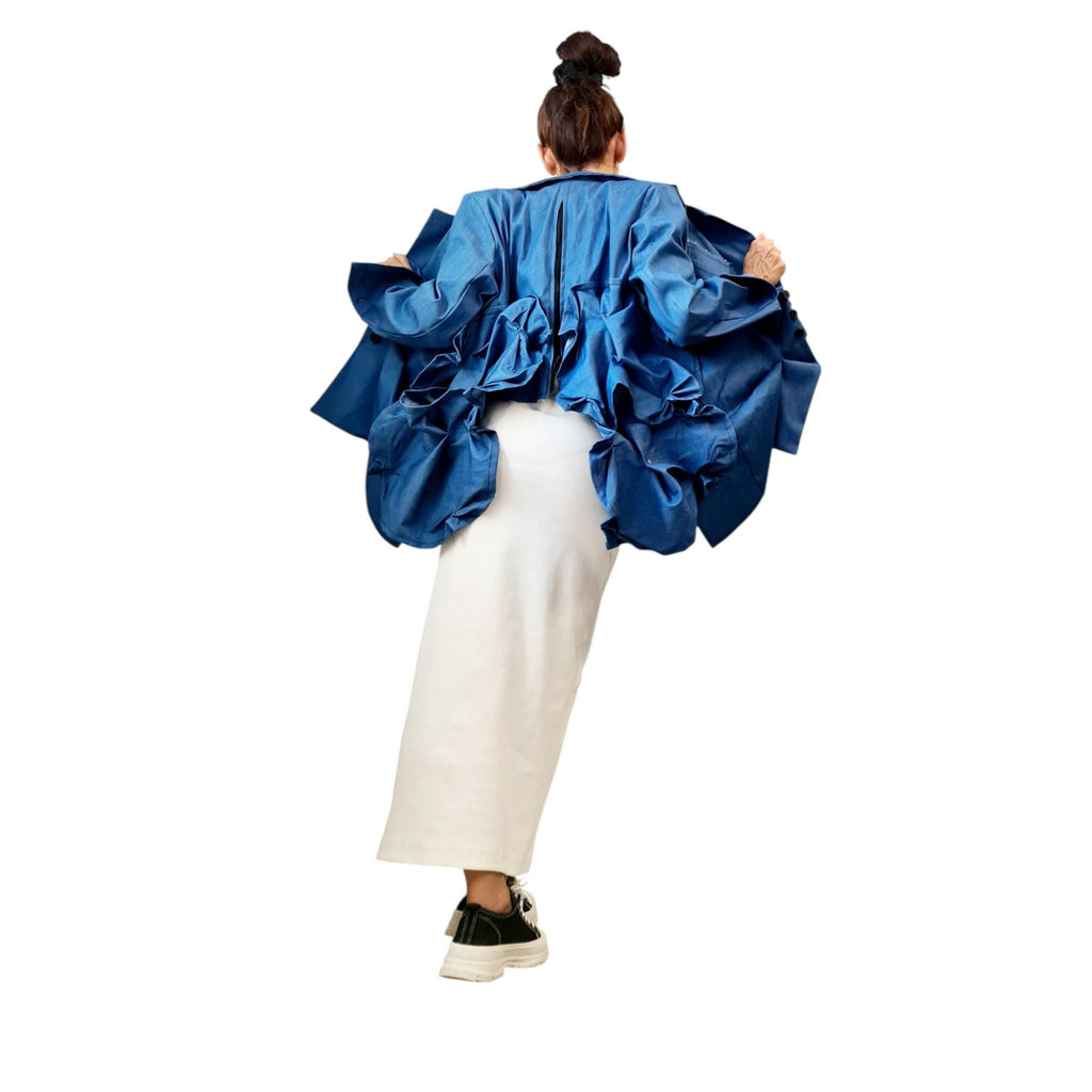Avant-Garde Denim Jacket, Ruffled Oversized Jean Blazer, Artistic Statement Jacket, Sculptural Outerwear, Asymmetrical Urban Coat