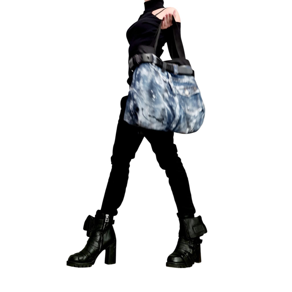 Avant-Garde Denim Bag, Blue Hand-Painted Shoulder Bag, Asymmetrical Large Tote, Handmade Unique Statement Bag, Designer Denim Bag
