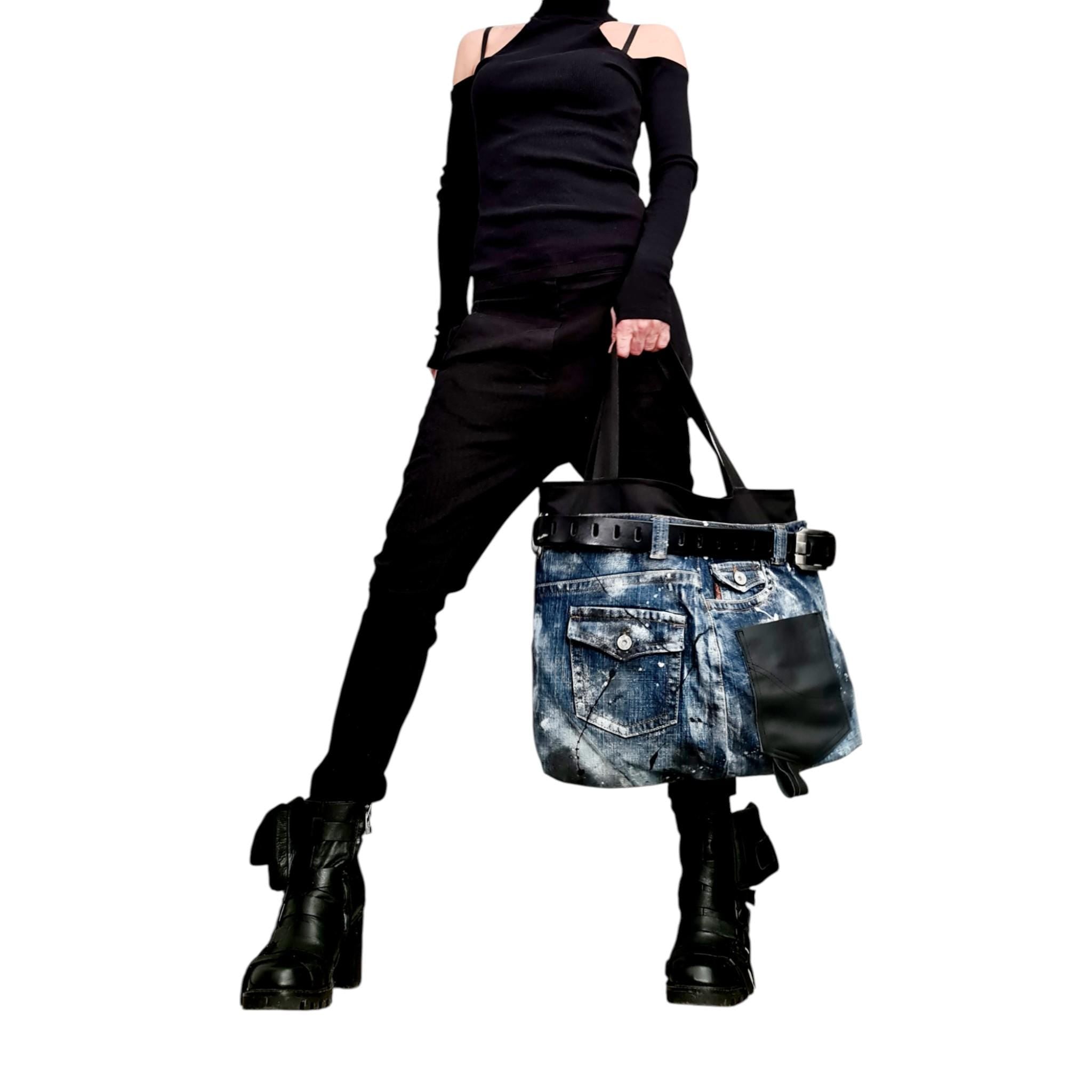 Avant-Garde Denim Bag, Blue Hand-Painted Shoulder Bag, Asymmetrical Large Tote, Handmade Unique Statement Bag, Designer Denim Bag