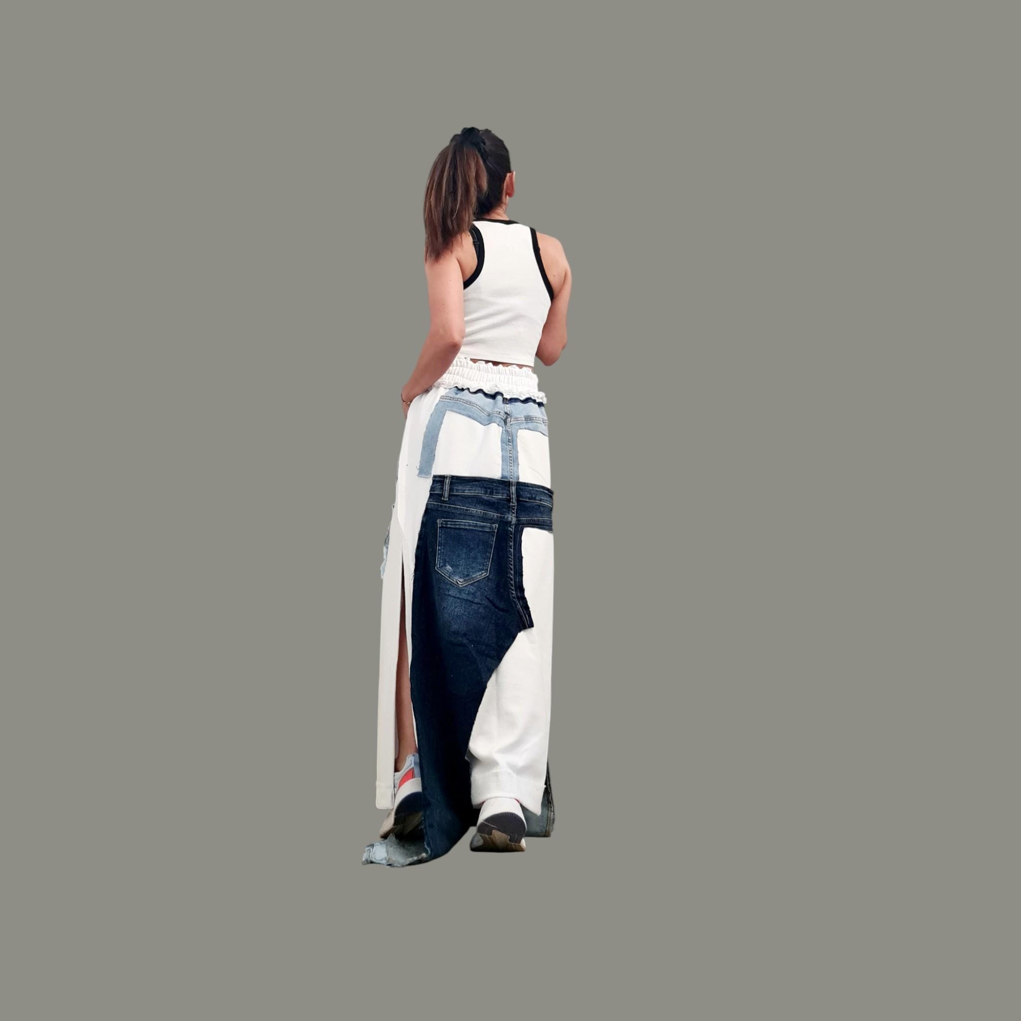 Avant Garde Maxi Skirt Fuchsia Cotton with Denim Details, Hot Pink Long Skirt with External Seams, Artistic Statement Skirt Women