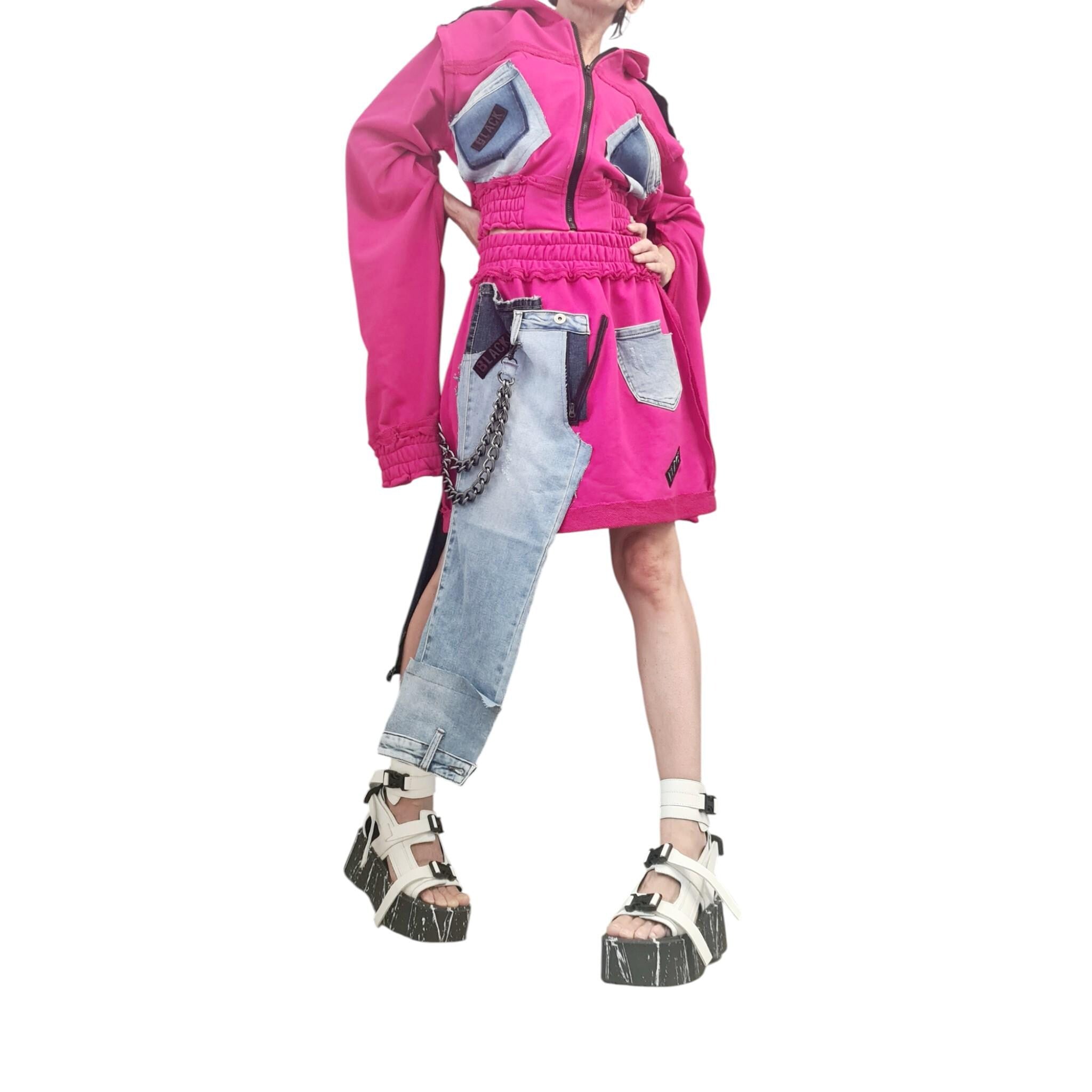 Cotton Skirt  Switcher Set, Fuchsia Outfit Denim Elements, Asymmetrical Skirt & Long Sleeve Top, Avant-Garde Style