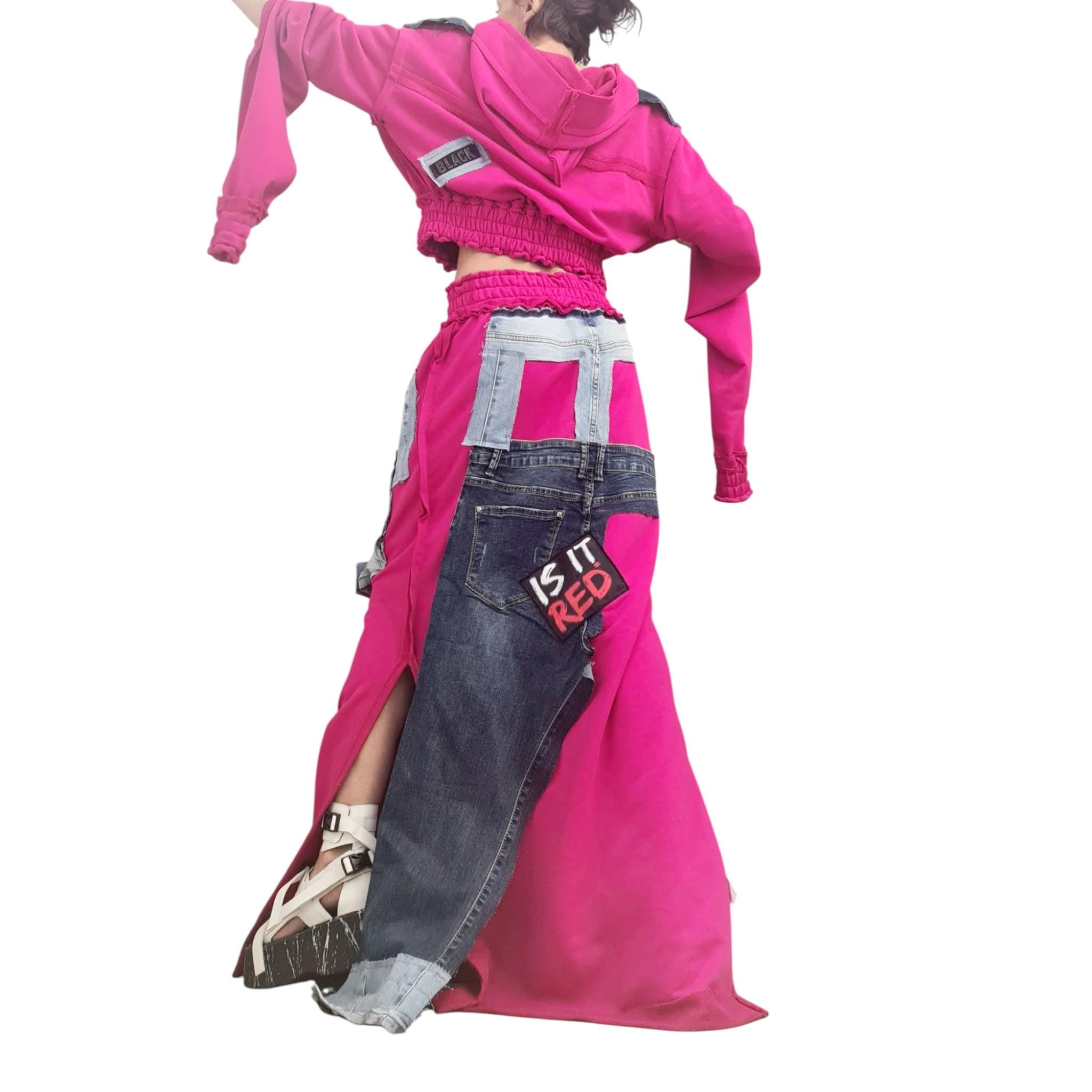 Long Cotton Skirt Switcher Set, Fuchsia Pink Handmade Outfit with Denim Elements, Asymmetrical Long Skirt Long Sleeve Top, Avant-Garde Set