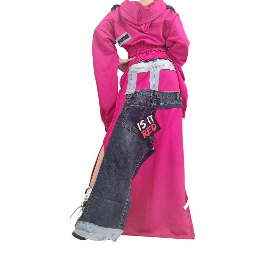 Long Cotton Skirt Switcher Set, Fuchsia Pink Handmade Outfit with Denim Elements, Asymmetrical Long Skirt Long Sleeve Top, Avant-Garde Set