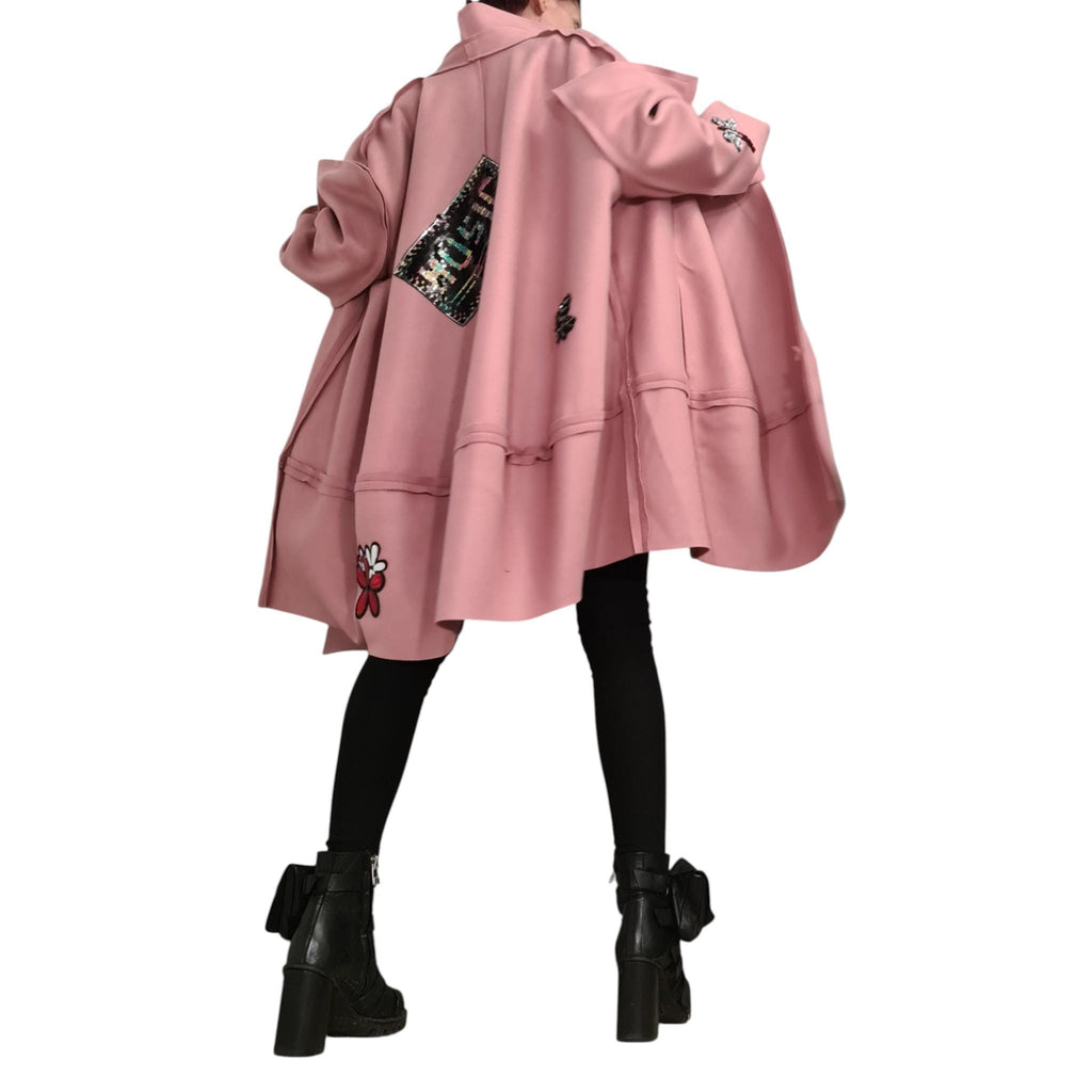 Dusty Rose Avant-Garde Coat with Appliqué, Knee-Length Artistic Women's Outerwear, Unique Modern Fashion Statement, Street Style