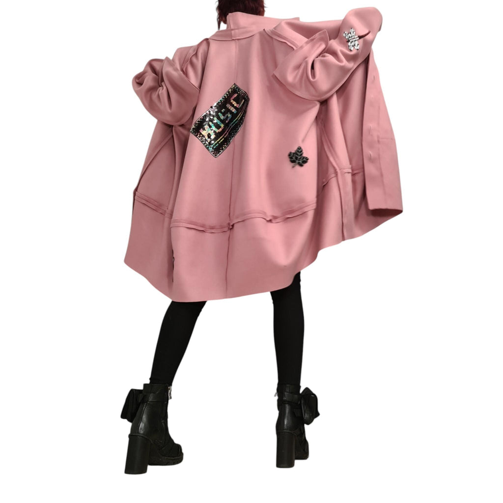 Dusty Rose Avant-Garde Coat with Appliqué, Knee-Length Artistic Women's Outerwear, Unique Modern Fashion Statement, Street Style