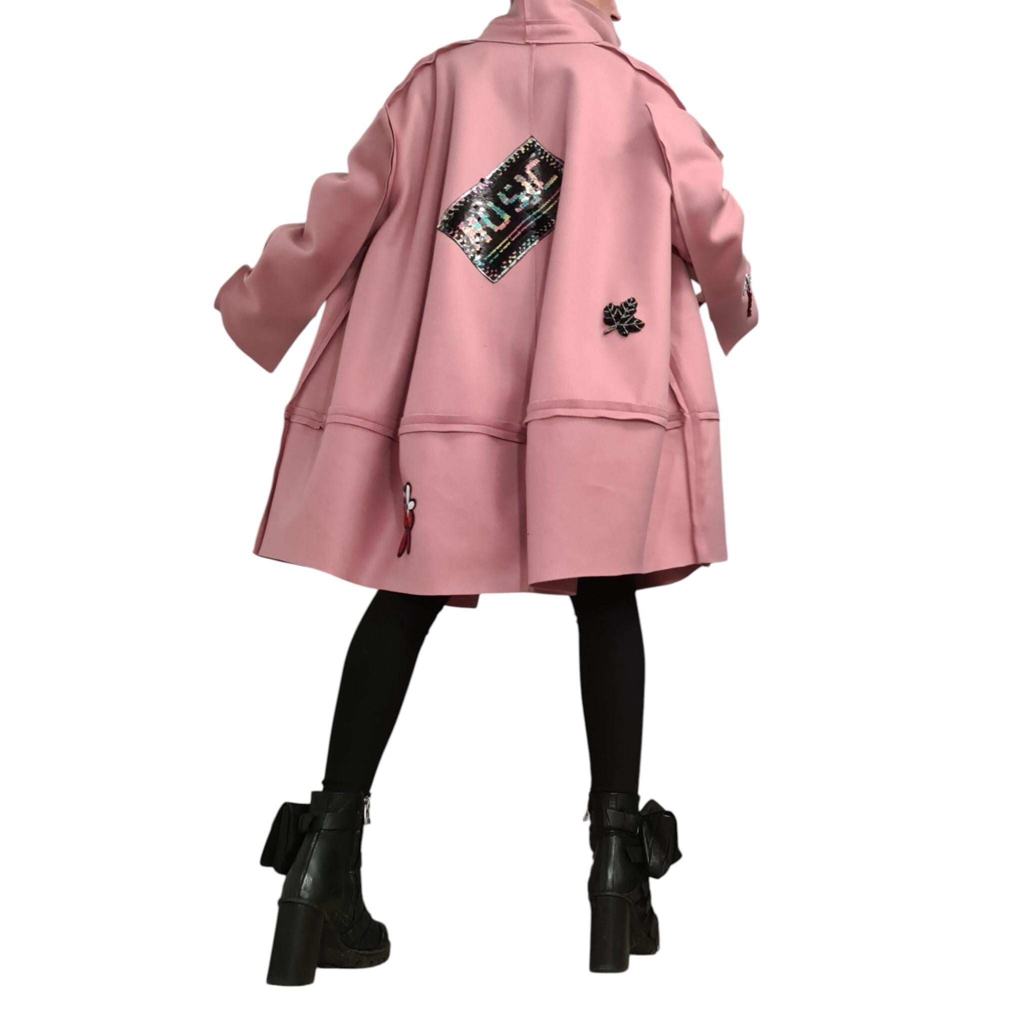 Dusty Rose Avant-Garde Coat with Appliqué, Knee-Length Artistic Women's Outerwear, Unique Modern Fashion Statement, Street Style
