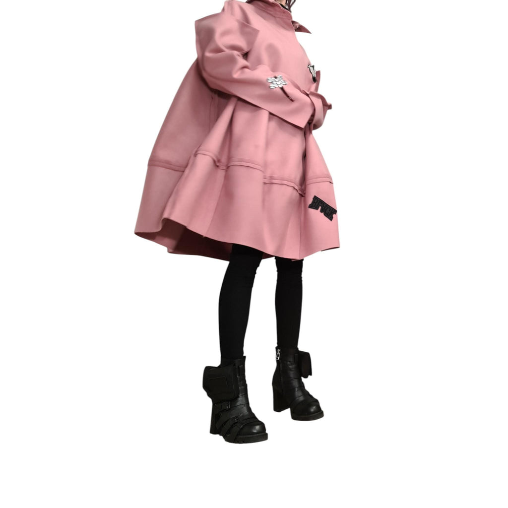 Dusty Rose Avant-Garde Coat with Appliqué, Knee-Length Artistic Women's Outerwear, Unique Modern Fashion Statement, Street Style