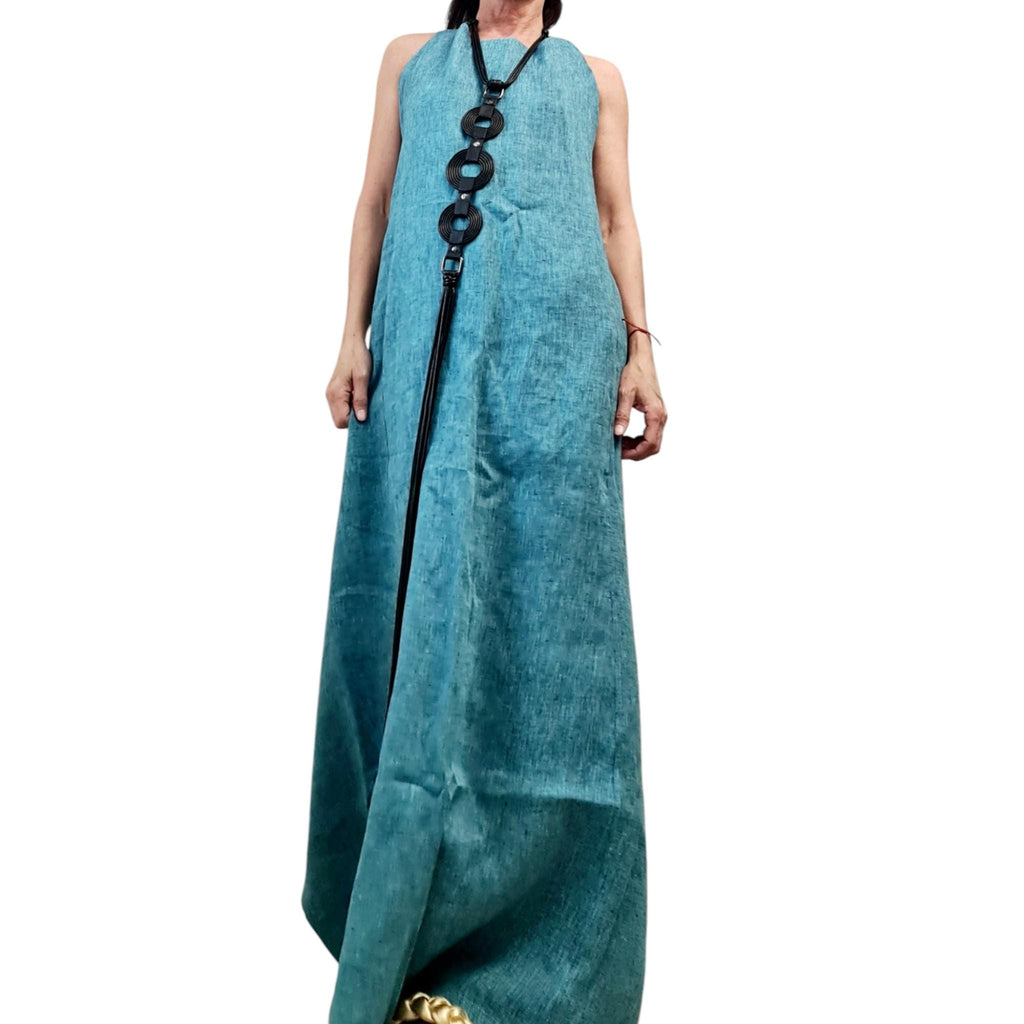 Linen Avant-Garde Dress, Sculptural Long Summer Dress, Artistic Asymmetric Design, Teal Linen Gown, Unique Han