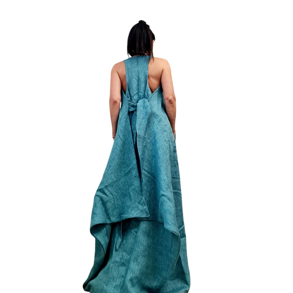 Linen Avant-Garde Dress, Sculptural Long Summer Dress, Artistic Asymmetric Design, Teal Linen Gown, Unique Han