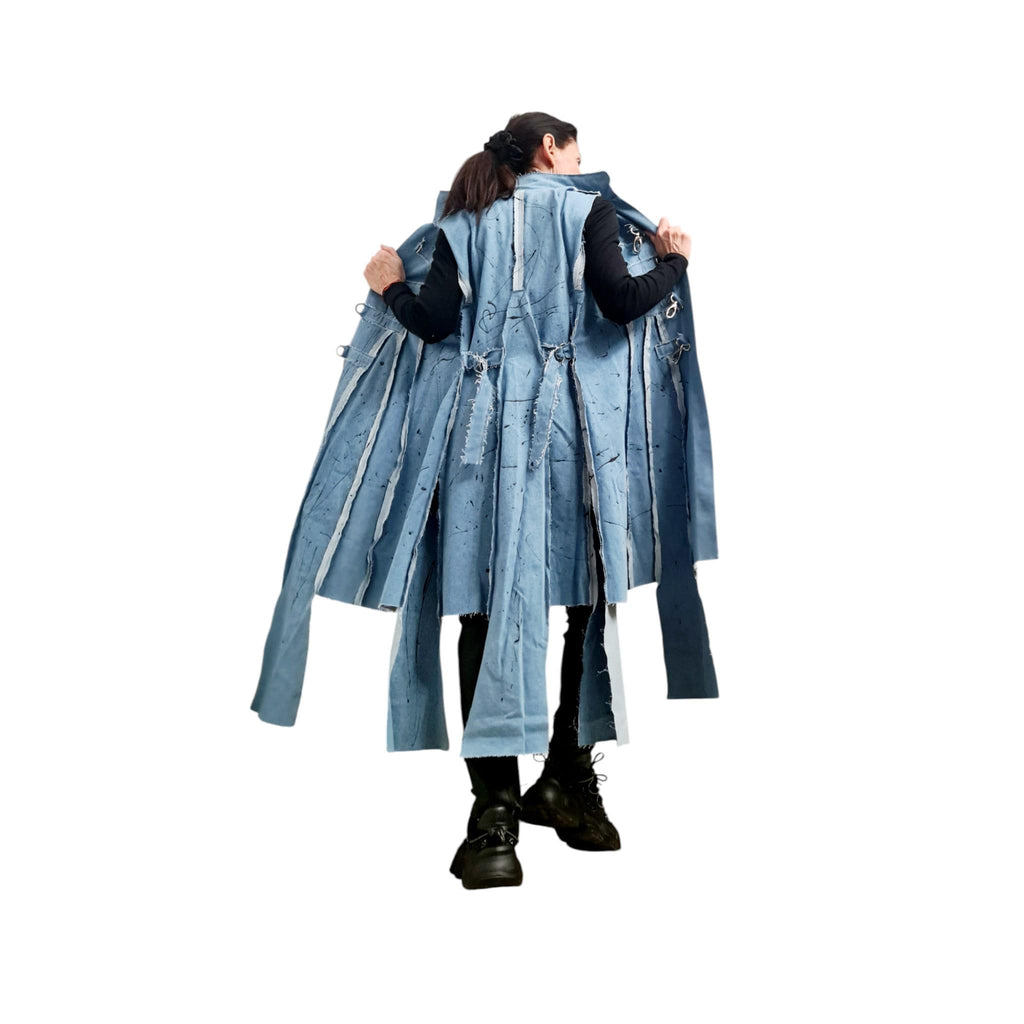 Avant Garde Denim Vest, Asymmetric Hand Painted Long Vest, Layered Deconstructed Jean Vest, Unique Artistic Streetwear