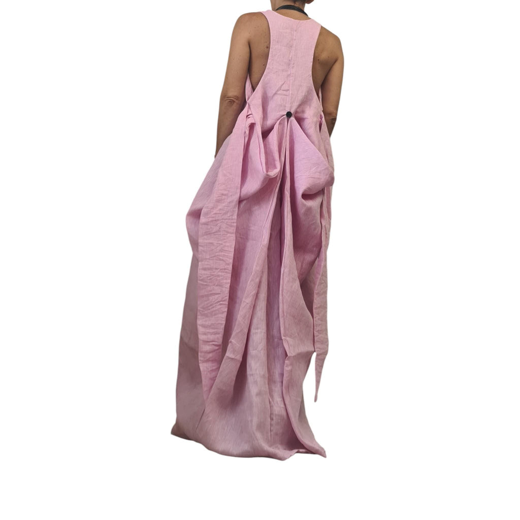 Pink Linen Avant-Garde Dress, Sculptural Long Summer Dress, Artistic Asymmetric Maxi Gown, Handmade Statement Clothing