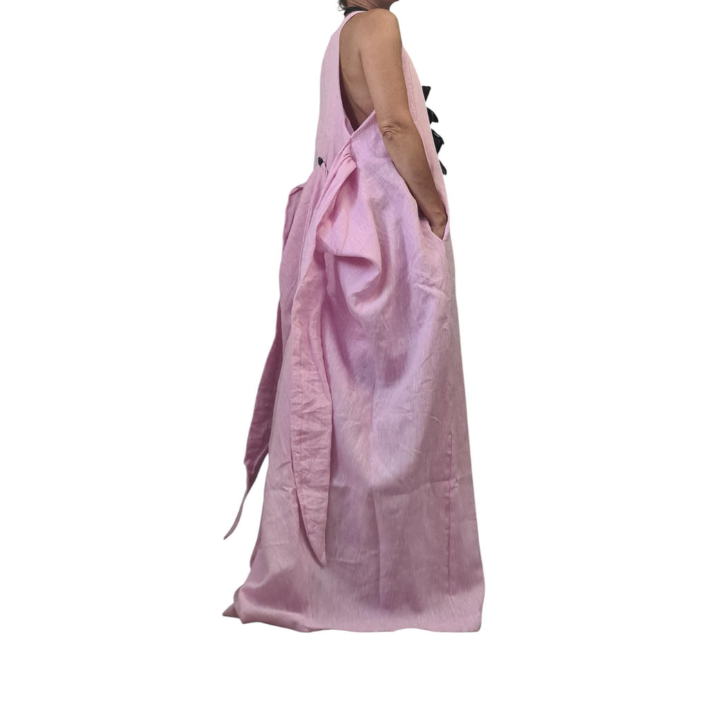 Pink Linen Avant-Garde Dress, Sculptural Long Summer Dress, Artistic Asymmetric Maxi Gown, Handmade Statement Clothing
