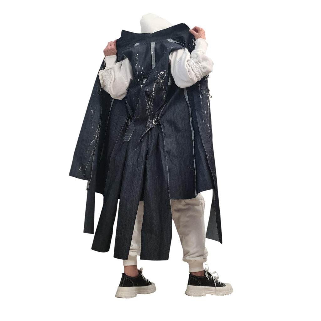 Light Blue Denim Long Vest, Artistic Painted Sleeveless Coat, Avant Garde Women’s Clothing, Asymmetric Denim Jacket Vest Extravagant Vest