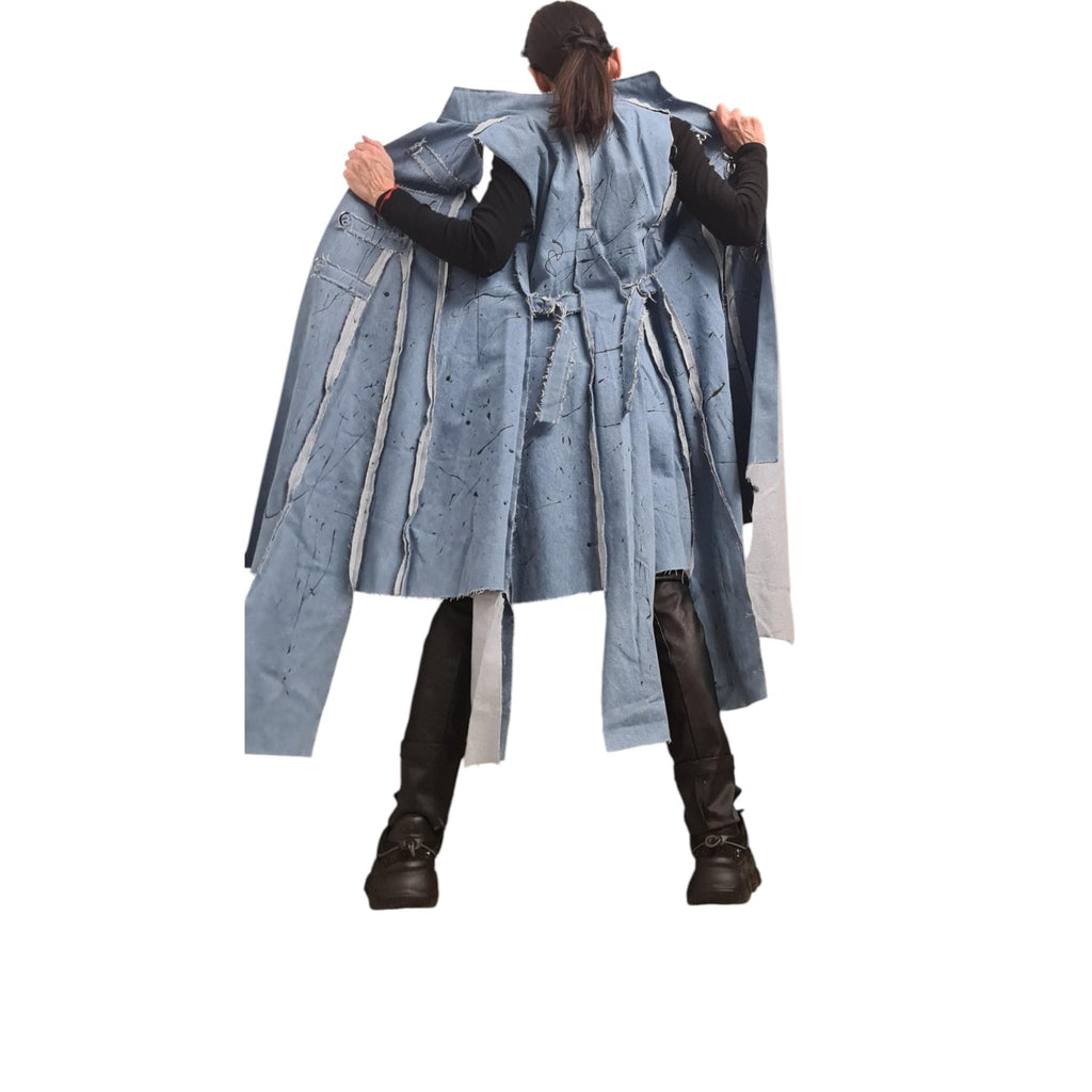 Light Blue Denim Long Vest, Artistic Painted Sleeveless Coat, Avant Garde Women’s Clothing, Asymmetric Denim Jacket Vest Extravagant Vest