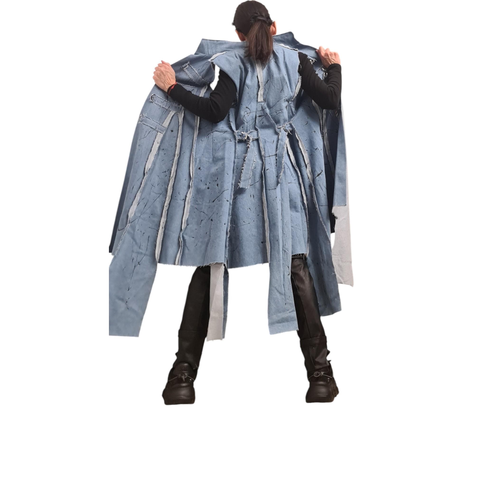 Light Blue Denim Long Vest, Artistic Painted Sleeveless Coat, Avant Garde Women’s Clothing, Asymmetric Denim Jacket Vest Extravagant Vest