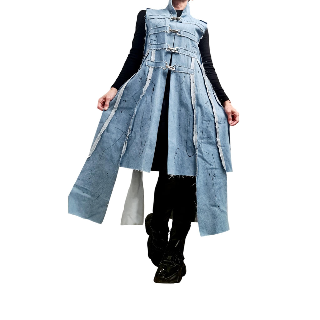 Light Blue Denim Long Vest, Artistic Painted Sleeveless Coat, Avant Garde Women’s Clothing, Asymmetric Denim Jacket Vest Extravagant Vest