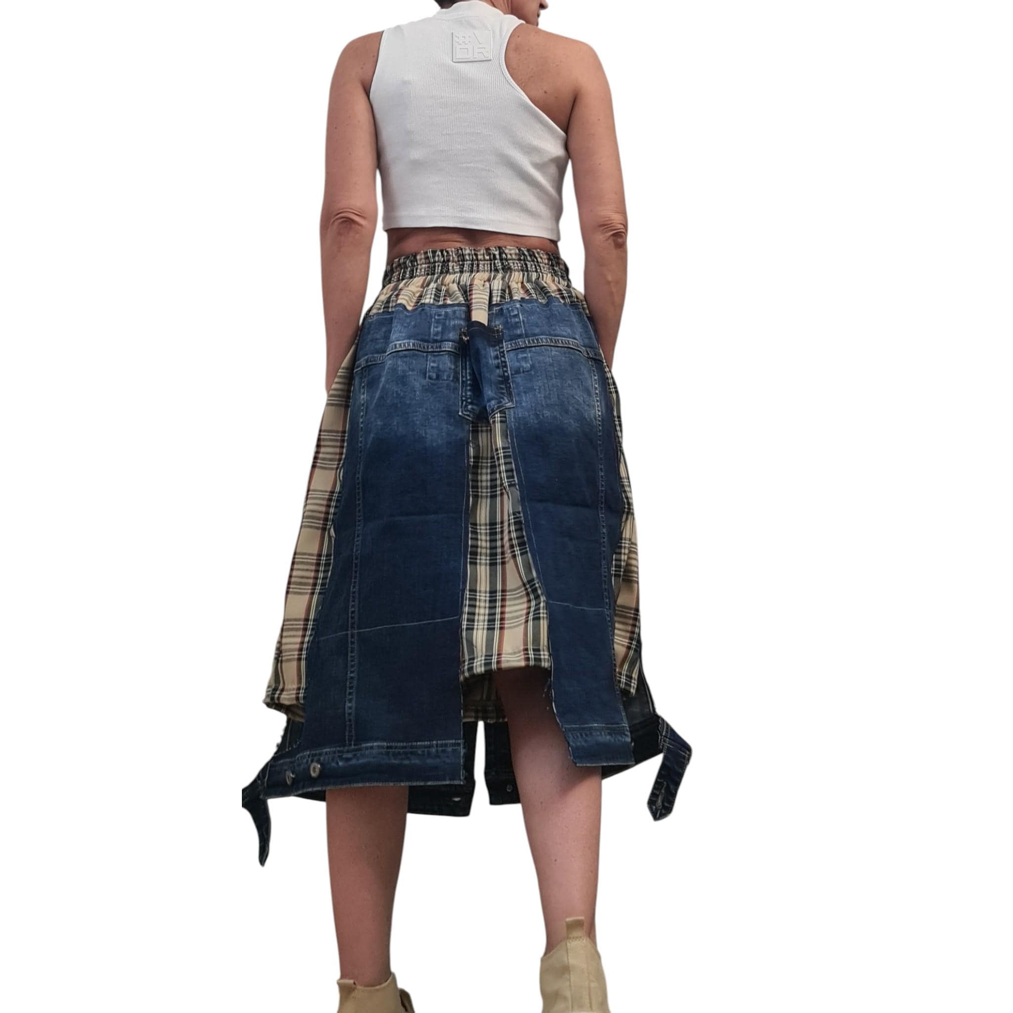 Avant Garde Denim and Plaid Midi Skirt with Cargo Style Pockets, Artistic Designer Streetwear, Handmade Custom Made Statement Fashion