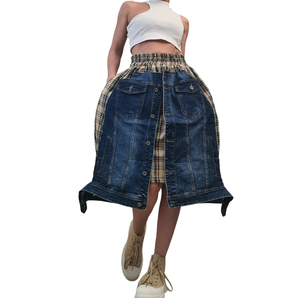 Avant Garde Denim and Plaid Midi Skirt with Cargo Style Pockets, Artistic Designer Streetwear, Handmade Custom Made Statement Fashion