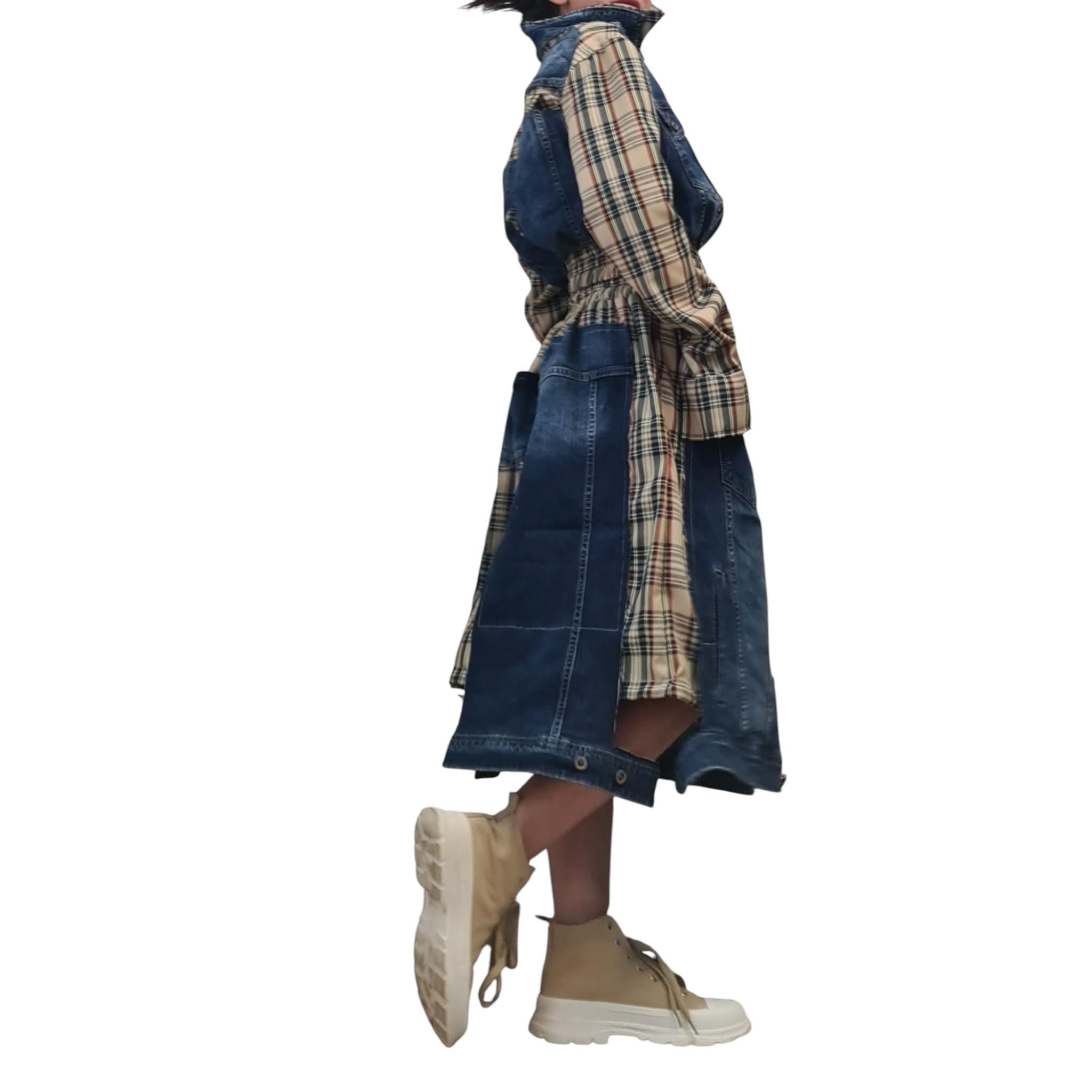 Avant Garde Denim and Plaid Skirt and Jacket Set with Cargo Style Pockets, Artistic Designer Streetwear, Handmade Custom Statement Outfit