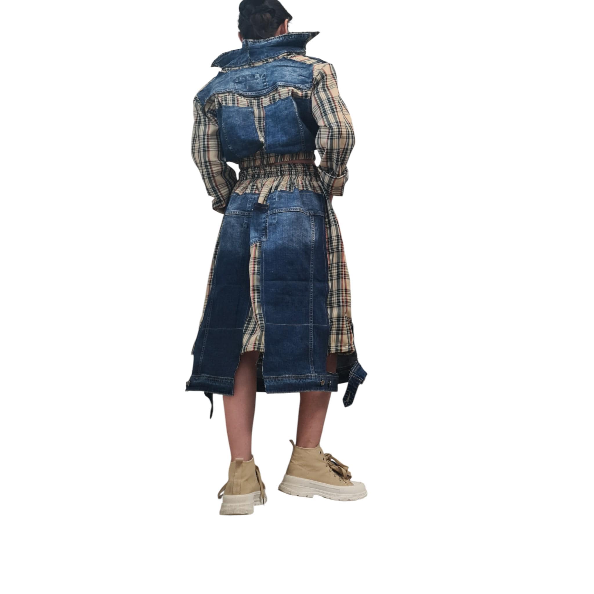 Avant Garde Denim and Plaid Skirt and Jacket Set with Cargo Style Pockets, Artistic Designer Streetwear, Handmade Custom Statement Outfit