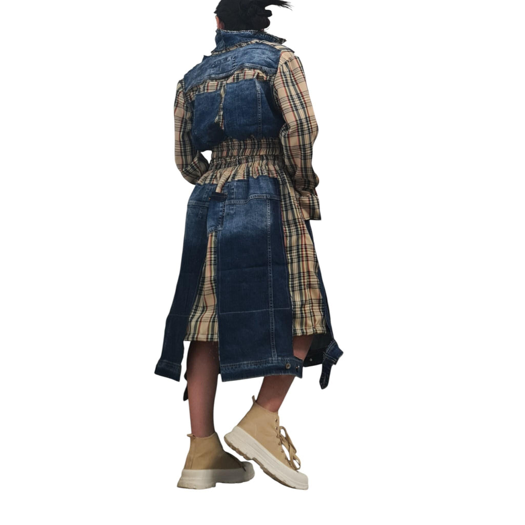 Avant Garde Denim and Plaid Skirt and Jacket Set with Cargo Style Pockets, Artistic Designer Streetwear, Handmade Custom Statement Outfit