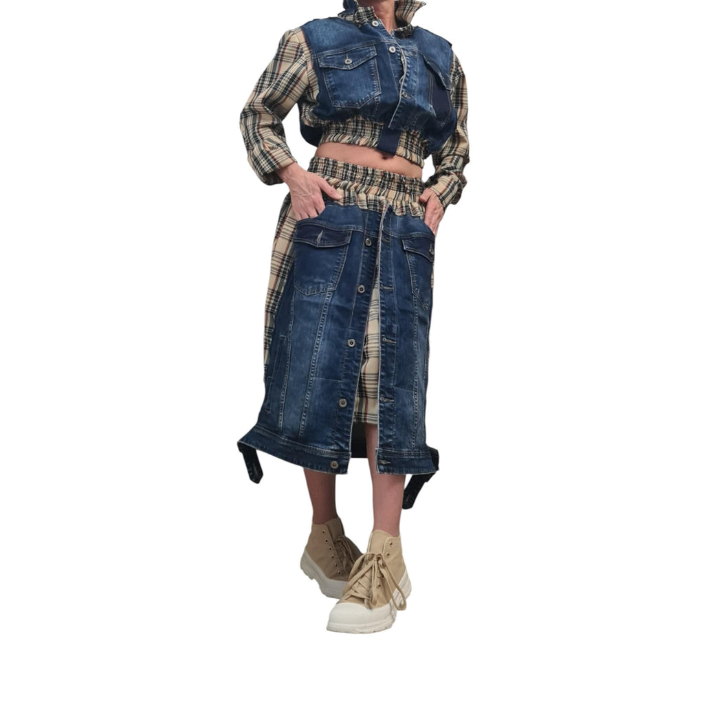 Avant Garde Denim and Plaid Skirt and Jacket Set with Cargo Style Pockets, Artistic Designer Streetwear, Handmade Custom Statement Outfit