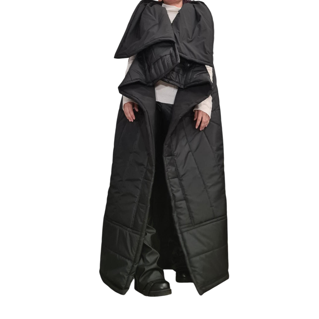 Extravagant Long Quilted Vest with Oversized Hood, Avant Garde Black Winter Gilet, Warm Layered Outerwear, Designer Statement Piece