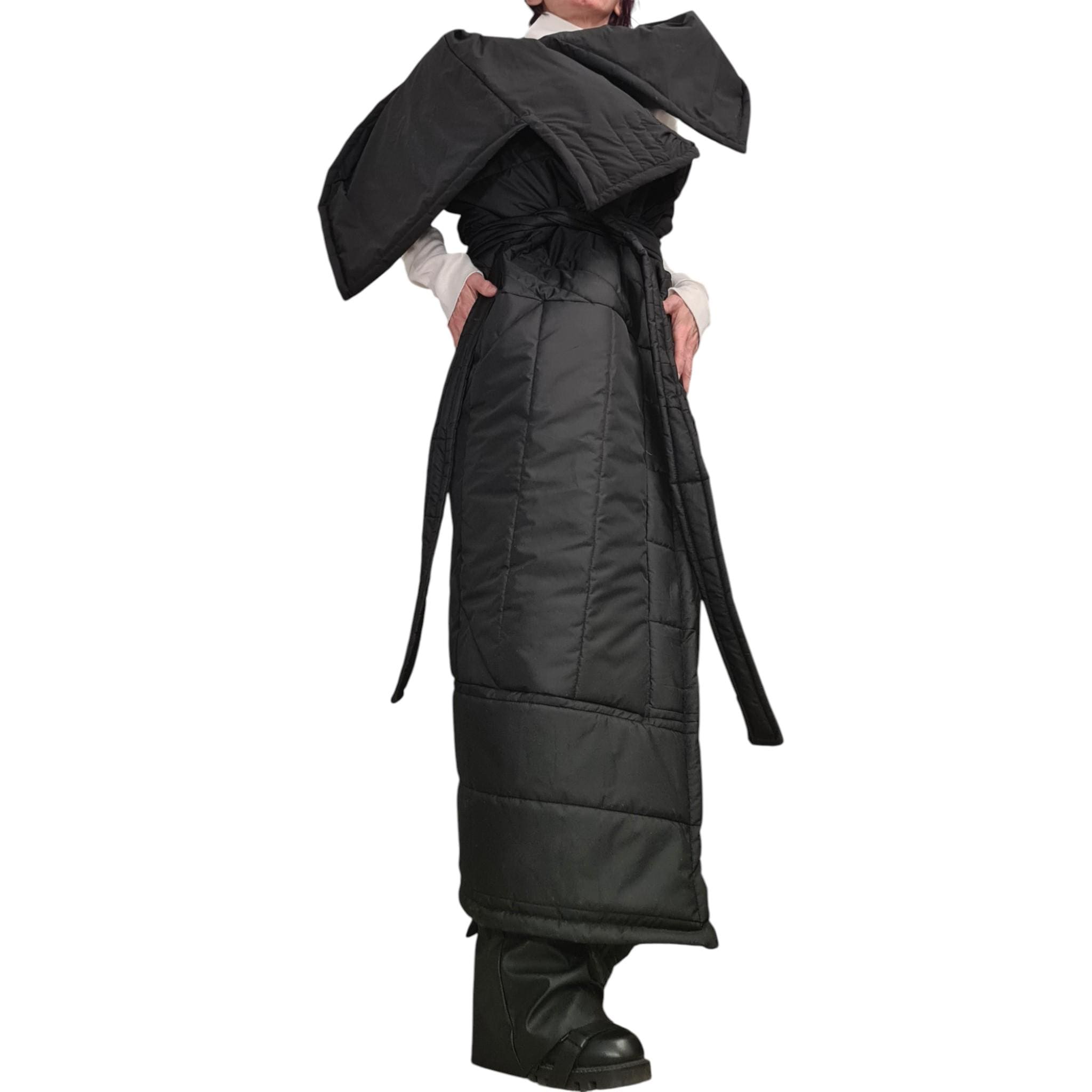 Extravagant Long Quilted Vest with Oversized Hood, Avant Garde Black Winter Gilet, Warm Layered Outerwear, Designer Statement Piece