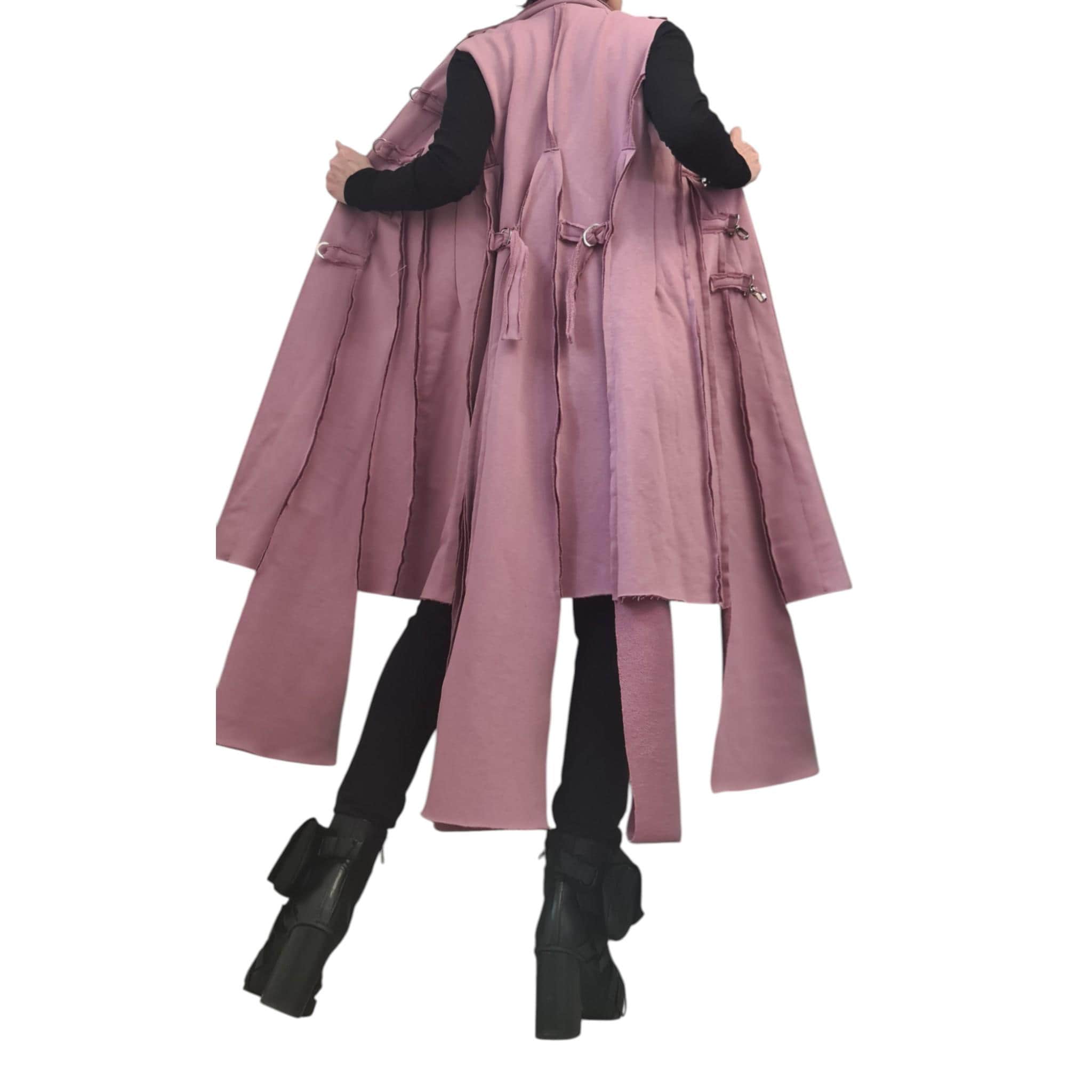 Avant-Garde Dusty Pink Long Vest – Asymmetrical Layered Coat with Metal Hooks | Handmade Statement Outerwear