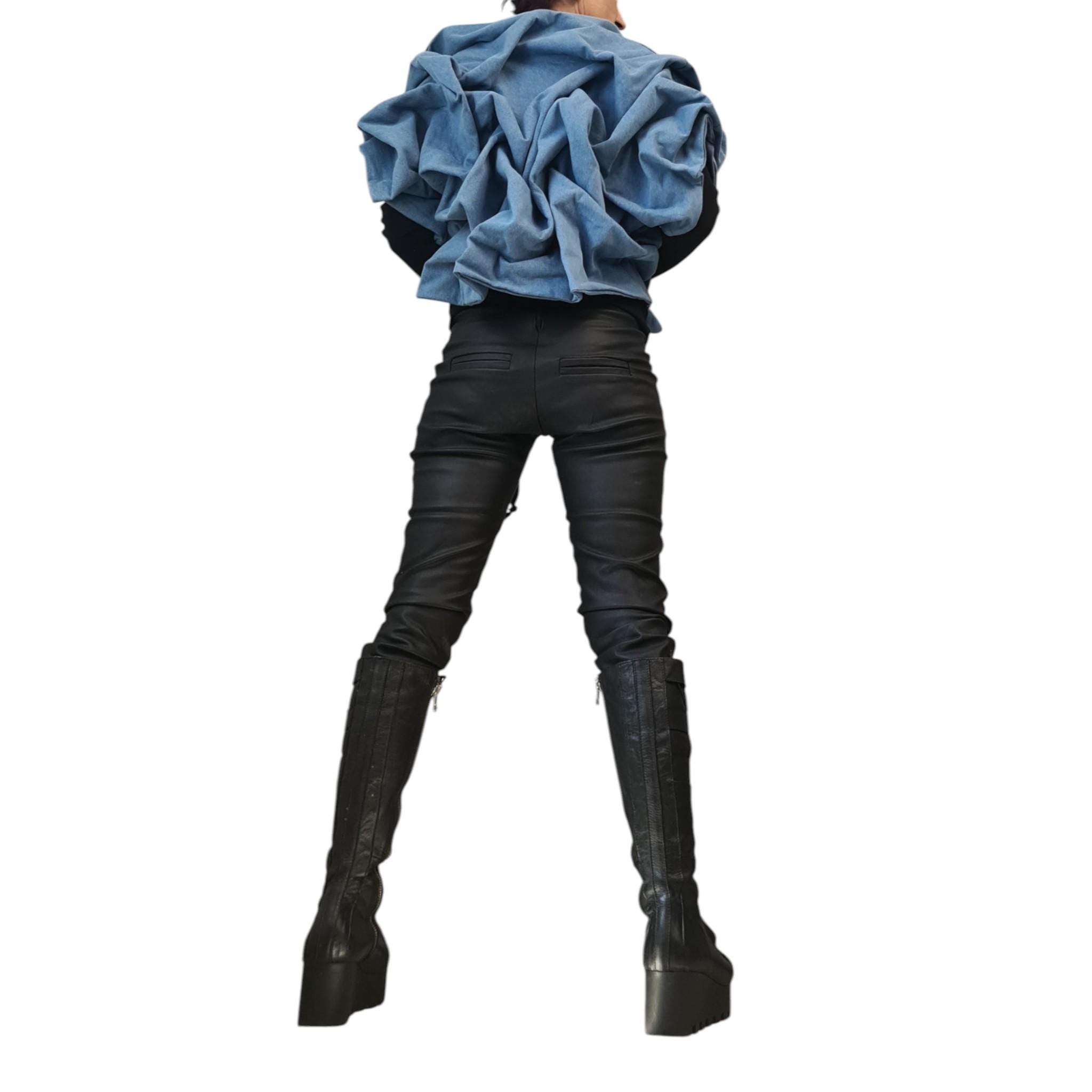 Denim Extravagant Jacket, Avant-Garde Denim Jacket, Light Blue Asymmetric Jacket with Ruffles, Handmade Statement Short Coat