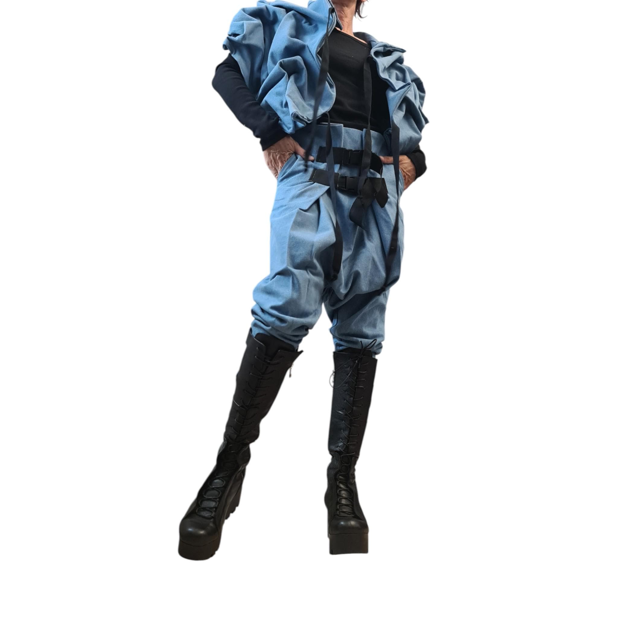 Denim Extravagant Jacket, Avant-Garde Denim Jacket, Light Blue Asymmetric Jacket with Ruffles, Handmade Statement Short Coat