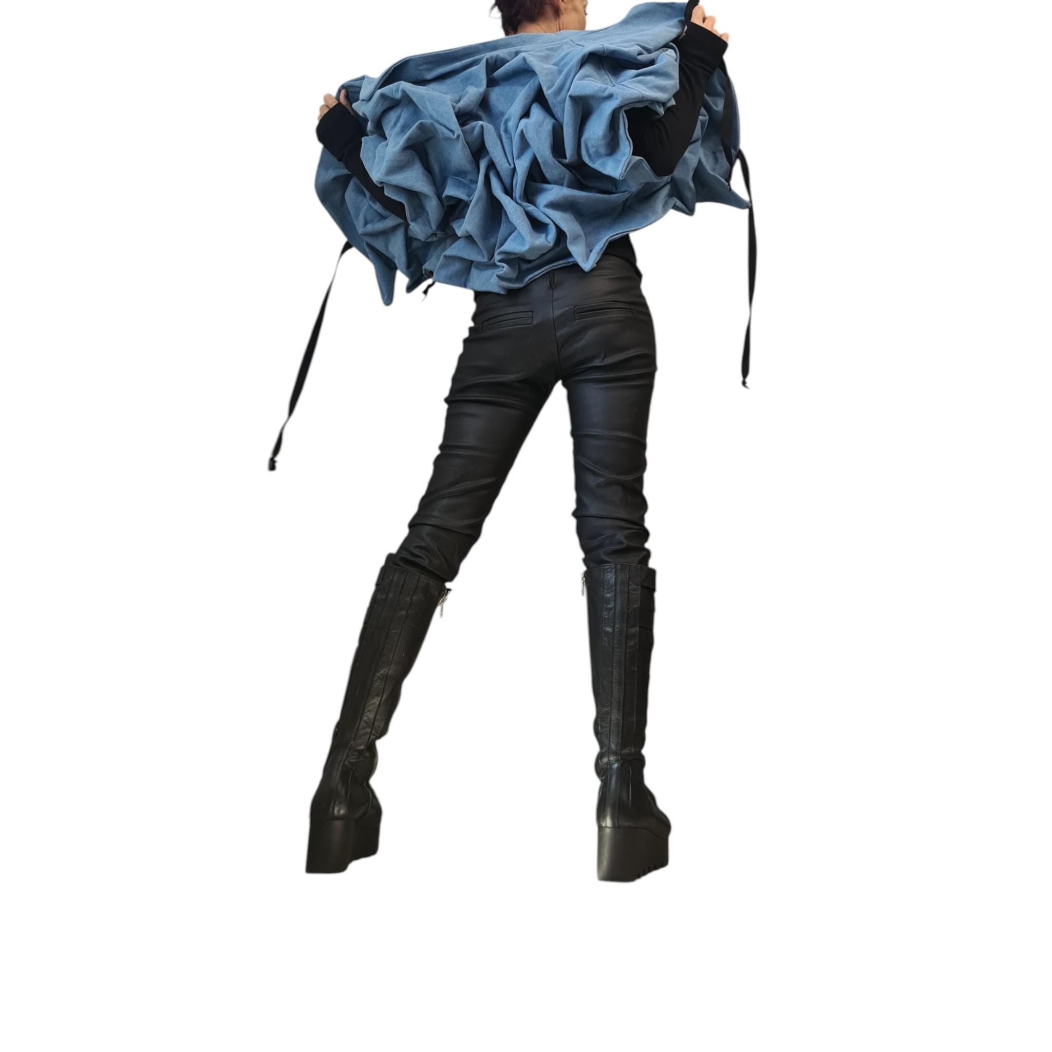 Denim Extravagant Jacket, Avant-Garde Denim Jacket, Light Blue Asymmetric Jacket with Ruffles, Handmade Statement Short Coat