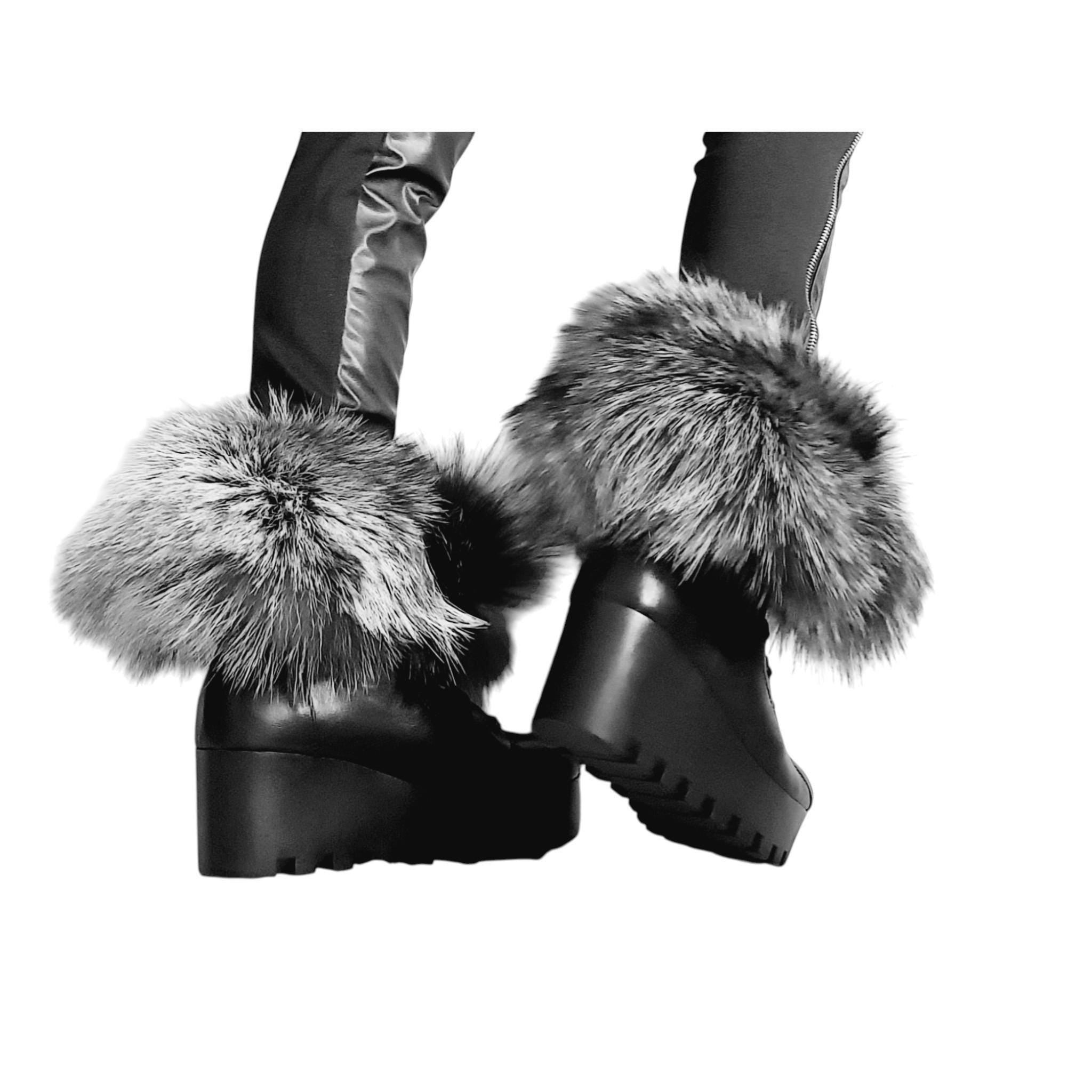 Fur Leather Wedge Boots, Avant Garde Platform Boots, Real Fox Fur Ankle Boots, Handmade Winter Boots, Festival Shoes, Statement Footwear