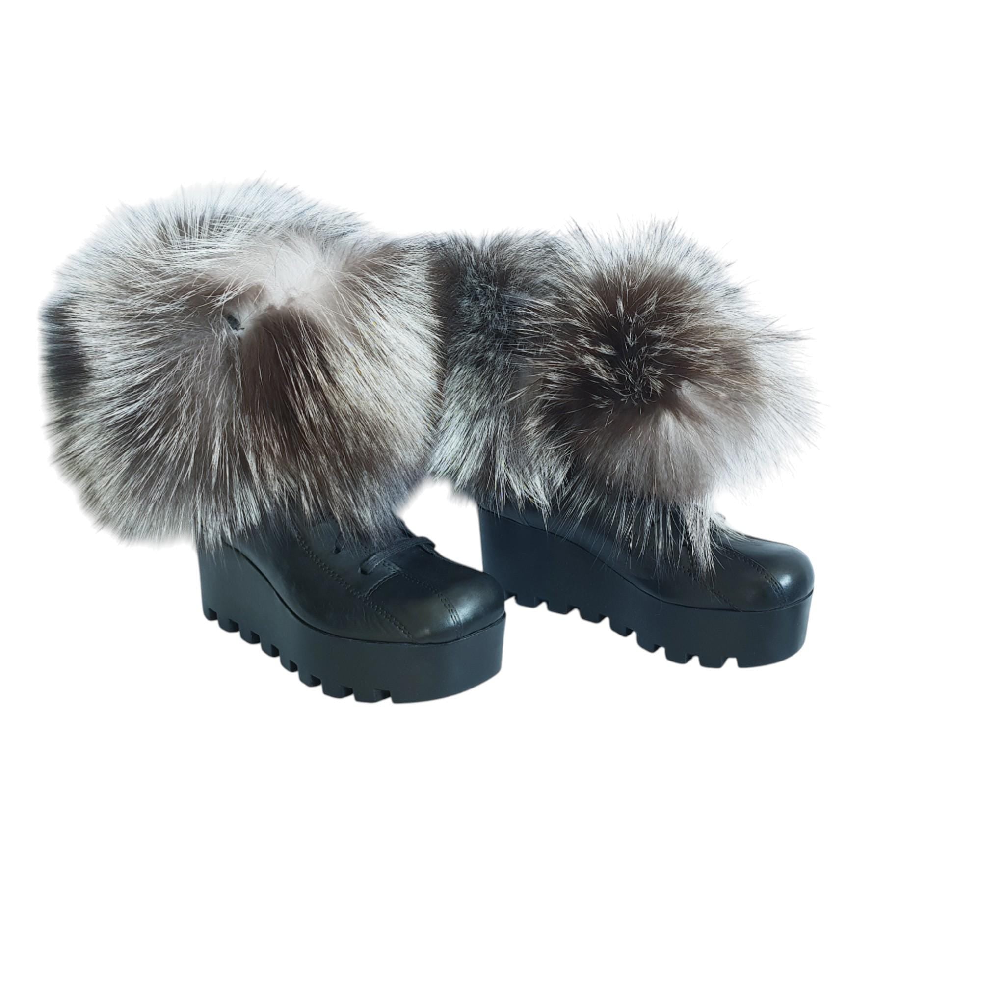 Fur Leather Wedge Boots, Avant Garde Platform Boots, Real Fox Fur Ankle Boots, Handmade Winter Boots, Festival Shoes, Statement Footwear